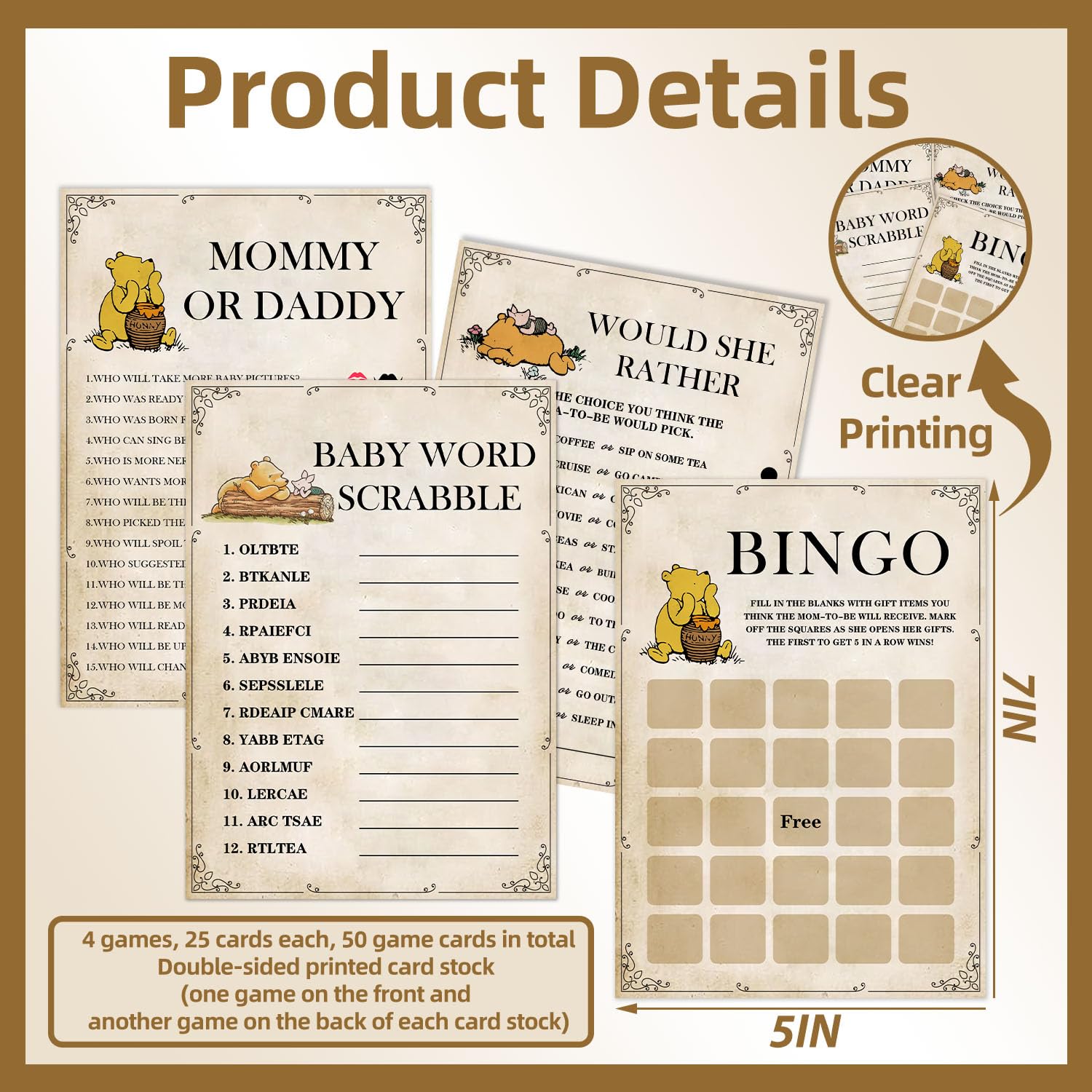 51Pcs Winnie Baby Shower Games, 2 Sets (25 Cards Each, 4 Games) Activities Cards With Answer Card, Baby Shower Party Cards, Include Baby Bingo, Prediction And Advice, Mommy'S Belly, Word Scramble