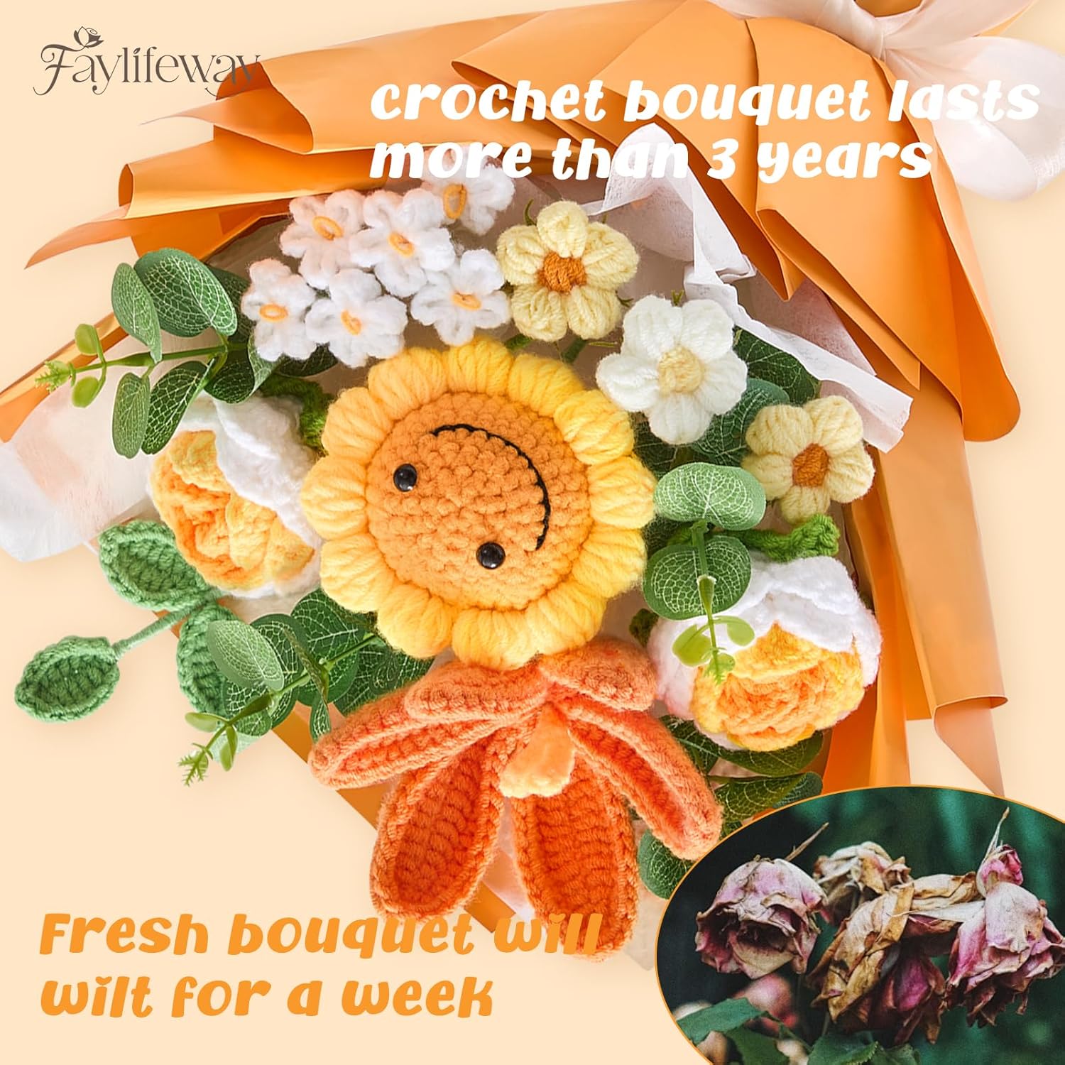Crochet Flower Bouquet, Handmade Knitted Flowers,Orange Crochet Sunflower Bouquet For Lover Birthday, Anniversary, Wedding, Homecoming Gifts(Include Card)