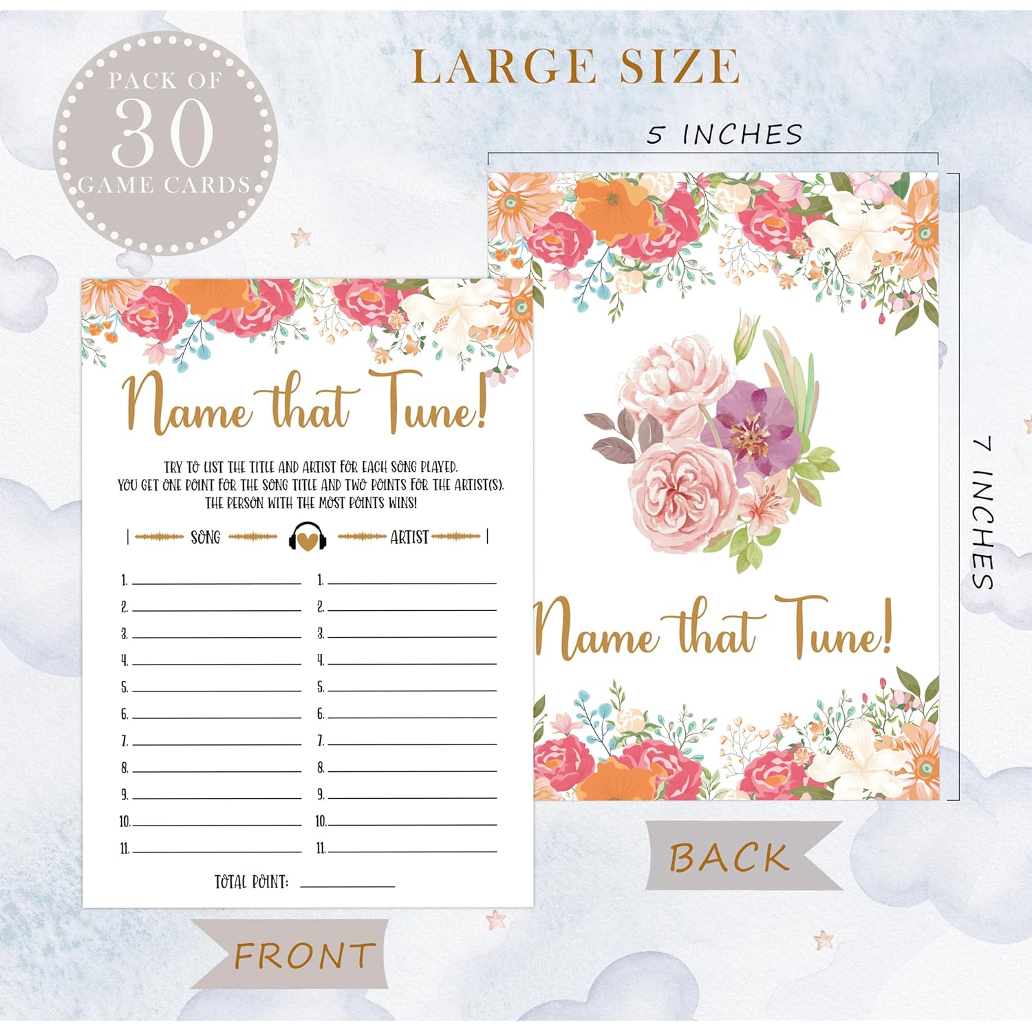 Boho Floral Name That Tune Game, Pack Of 30 Game Cards, Baby Shower Games, Gender Neutral Boy Or Girl, Fun Baby Games And Activity - Gn30