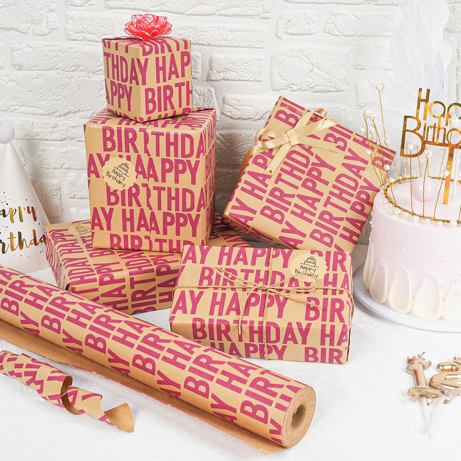 Birthday Wrapping Paper Roll, Red And Brown Kraft Happy Birthday Wrapping Paper Jumbo Roll, Gift Wrap Paper Set For Men Women Boys Girls, 17X590 Inch (70 Sq. Ft.)
