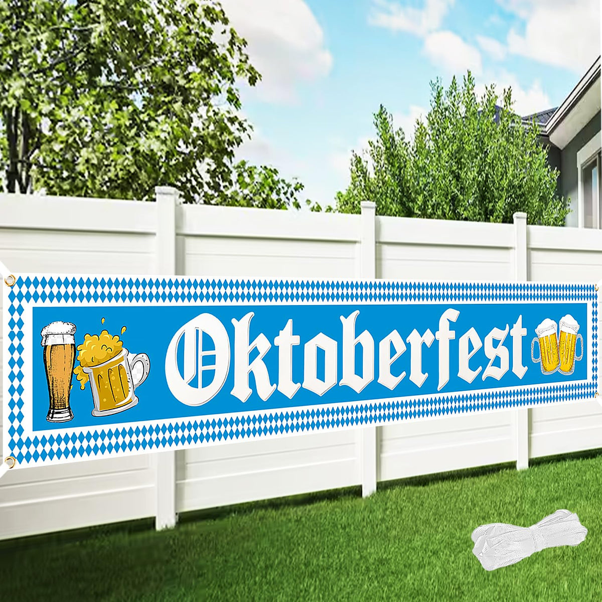 Oktoberfest Decorations, Large Oktoberfest Banner 8.2ft × 1.6ft with 19.69ft Ribbon, Double-Stitched Bavarian Blue White Backdrop for German Octoberfest Beer Party Decor