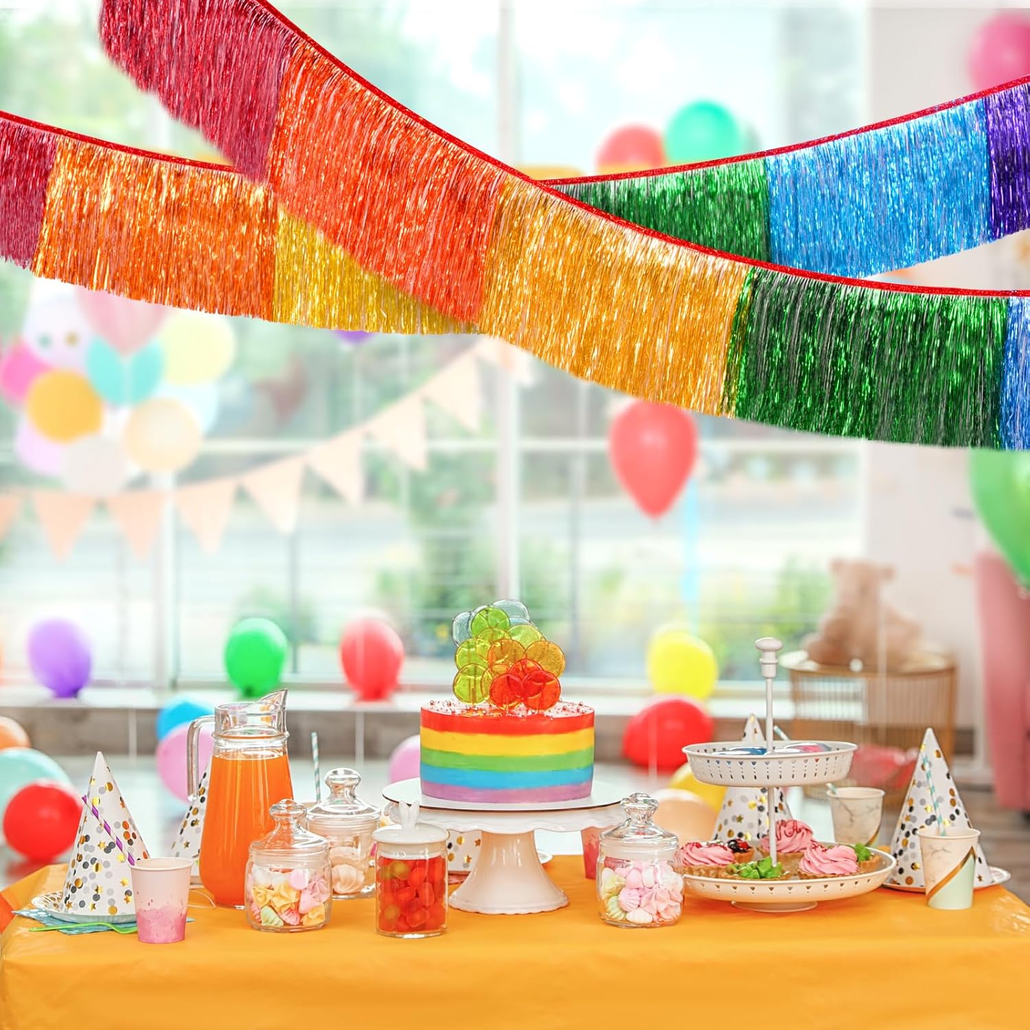 Rainbow Foil Fringe Garland Party Decorations, 12 Feet Rainbow Tinsel Metallic Glitter Banner, Hanging Table Skirts For Birthday Wedding Christmas Pride Month Parade Floats Decor