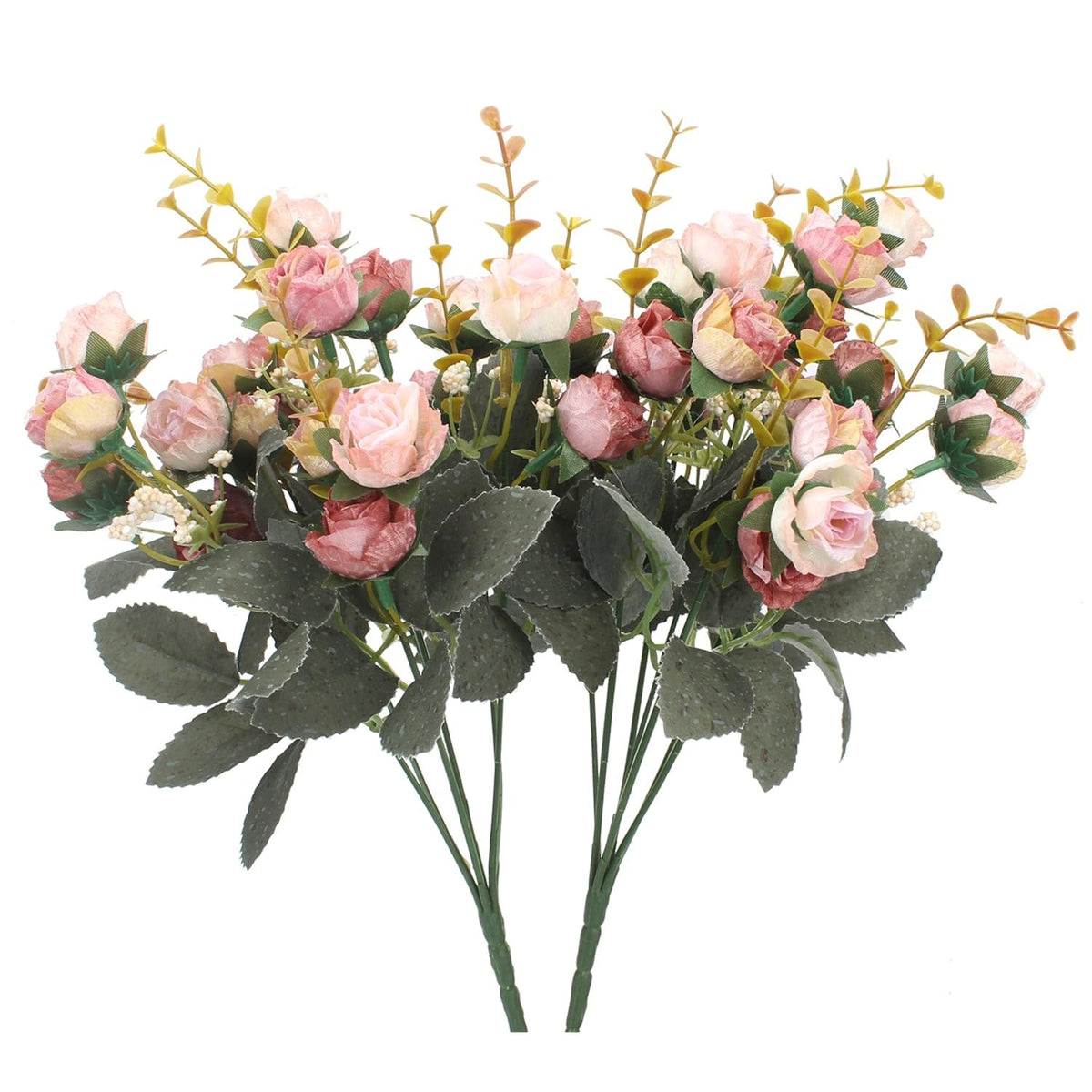7 Branch 21 Mini Rose Heads Artificial Flowers Bouquet Wedding Home Office Decor,Pack Of 2 (2 Pcs Pink)