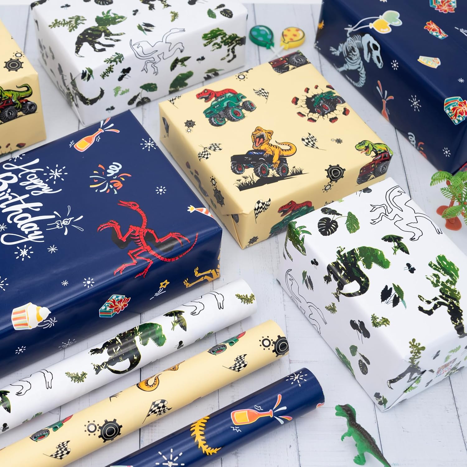 Dinosaur Wrapping Paper Rolls With Cutlines On Reverse - 3 Rolls Birthday Gift Wrap For Kids Boys Girls Dinosaur Party Birthday Gift Wrapping Holiday(17 Inches X 120 Inches)