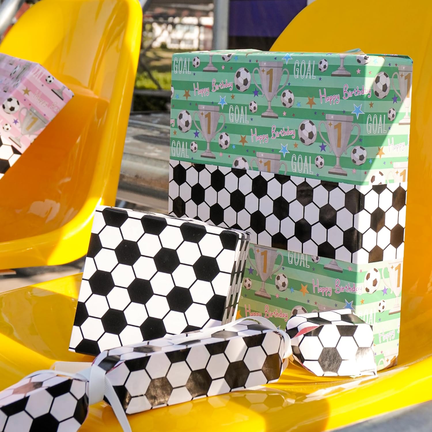 Reversible Soccer Wrapping Paper For Kids Boys - 17 Inch X 33 Ft - Goal & Trophies Design Sports Gift Wrap Paper For Teens Birthday Party Holiday Soccer Fans