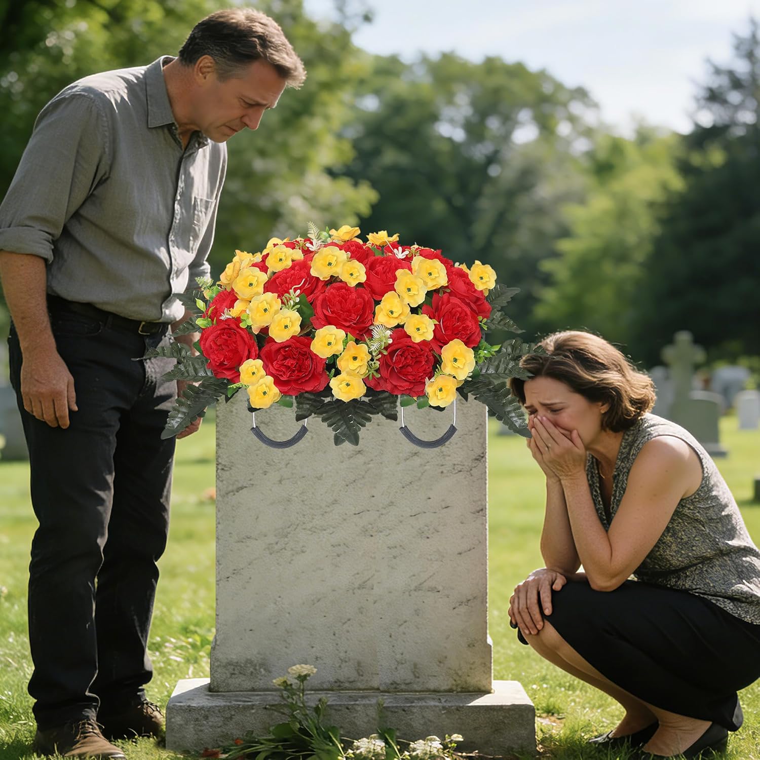 Artificial Cemetery Flowers For Graves Realistic Peony Headstone Flower Saddle Memorial Cemetery Flowers Grave Decorations For Cemetery Uv Resistant & No-Fade (Red Yellow)