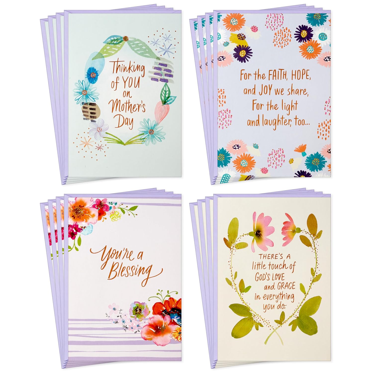 Hallmark Religious Mother's Day Card Assortment (16 Cards with Envelopes) Purple, Teal and Orange Flowers