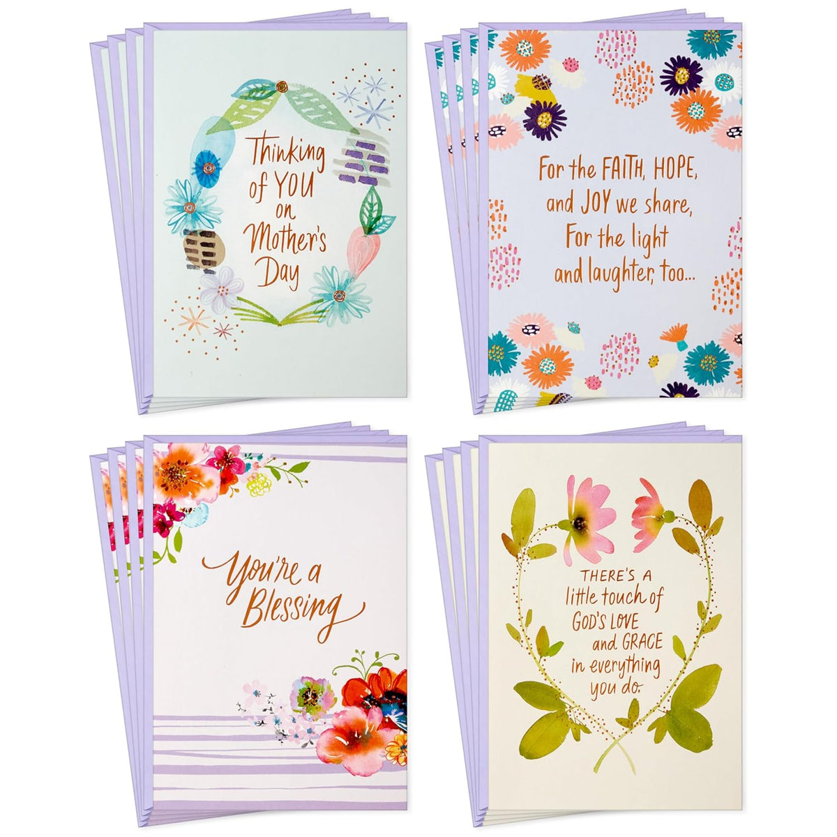 Hallmark Religious Mother's Day Card Assortment (16 Cards with Envelopes) Purple, Teal and Orange Flowers