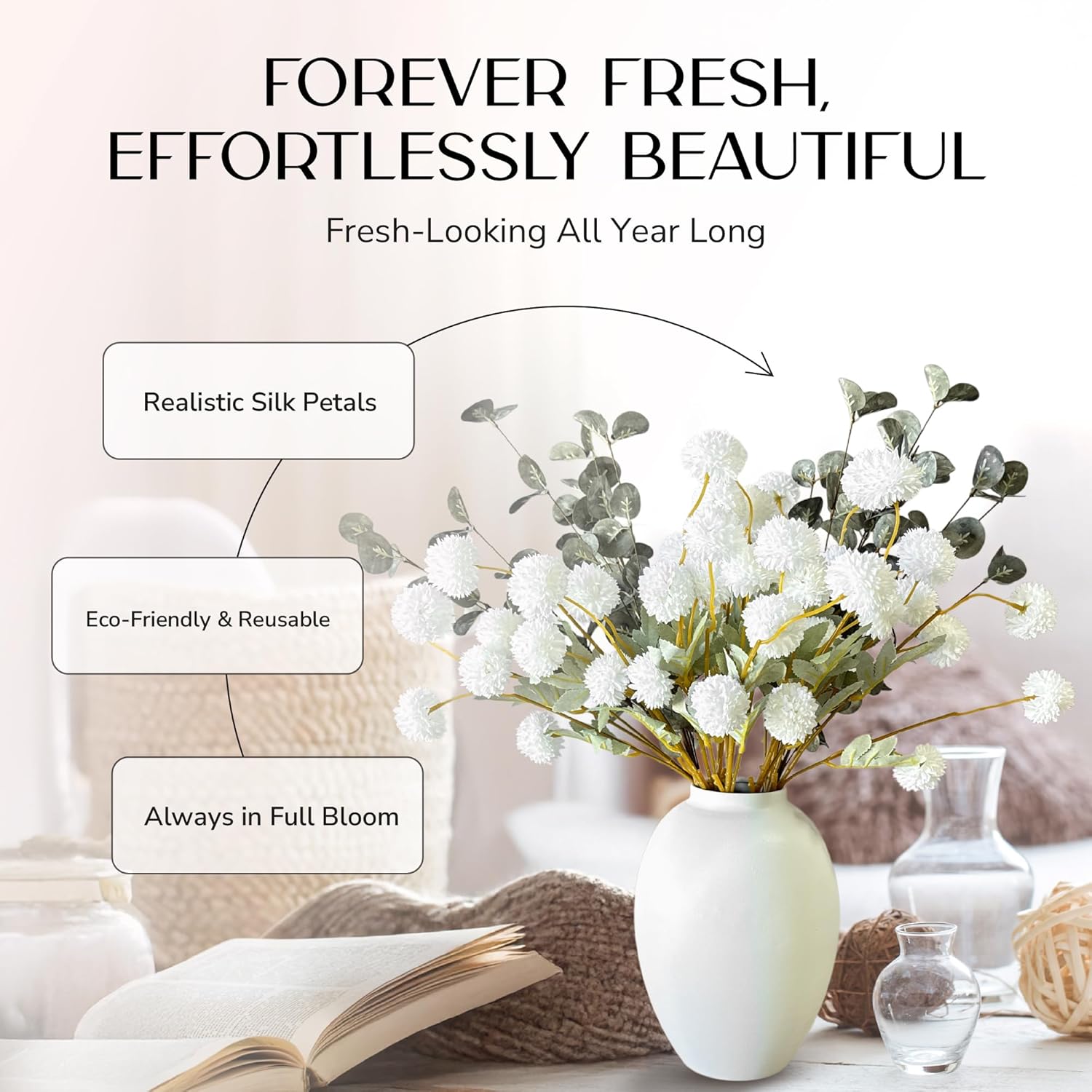 Chrysanthemum Flowers Artificial Kiku With Green Eucalyptus – 10 White Faux Pom Pom Mum Stems For Vase, Silk Faux Floral Arrangement For Home Decor And Centerpiece Displays