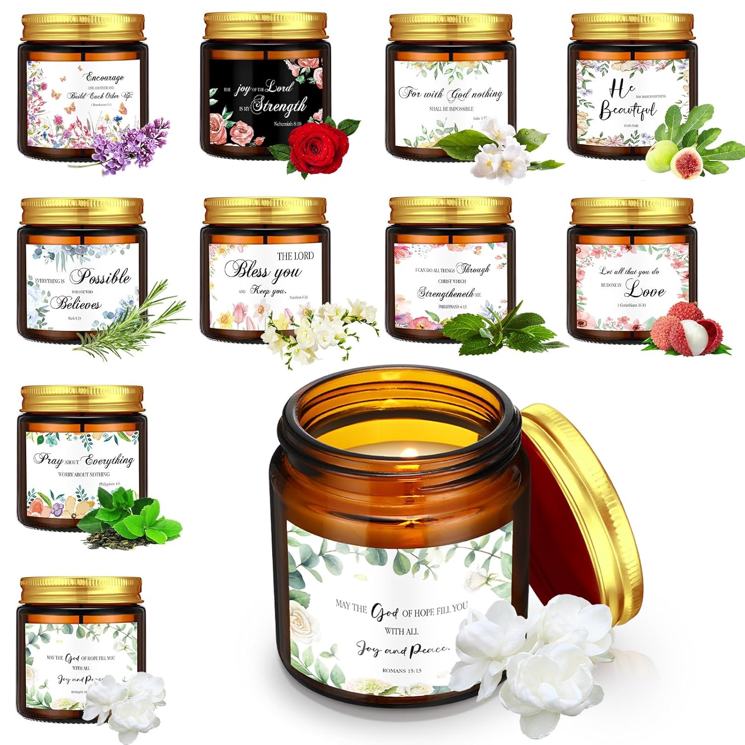 10 Jars Christian Religious Scented Candles 3.5Oz Stress Relief Aromatherapy Gifts Natural Soy Decorative Long Lasting Bathroom Candles For Women Birthday Christmas