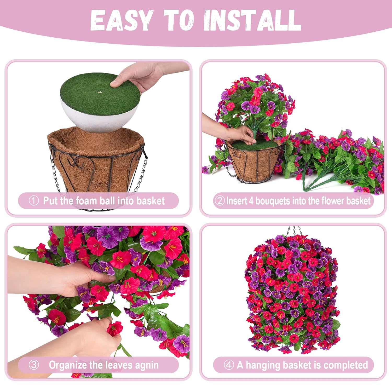 Artificial Flowers With Hanging Basket, Outdoor Faux Plants Silk Morning Glory Vines, Fake Green Arrangement For Garden Patio Spring Summer Decor(Hot Pink Purple)