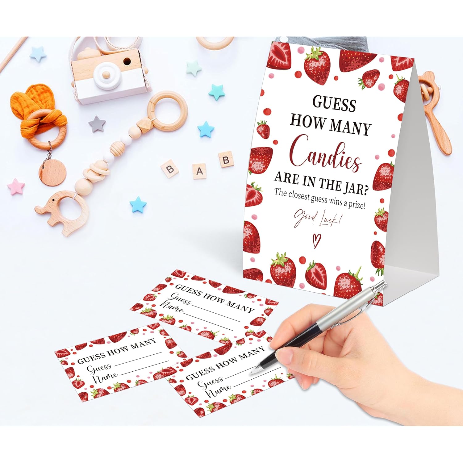 Strawberry Guess How Many Candies Are In The Jar Game For Baby Shower, Pack Of One 5X7 Sign And 50 Guessing Cards, Berry Sweet Baby Shower Decoration, Gender Neutral Party Supplies - Gc03
