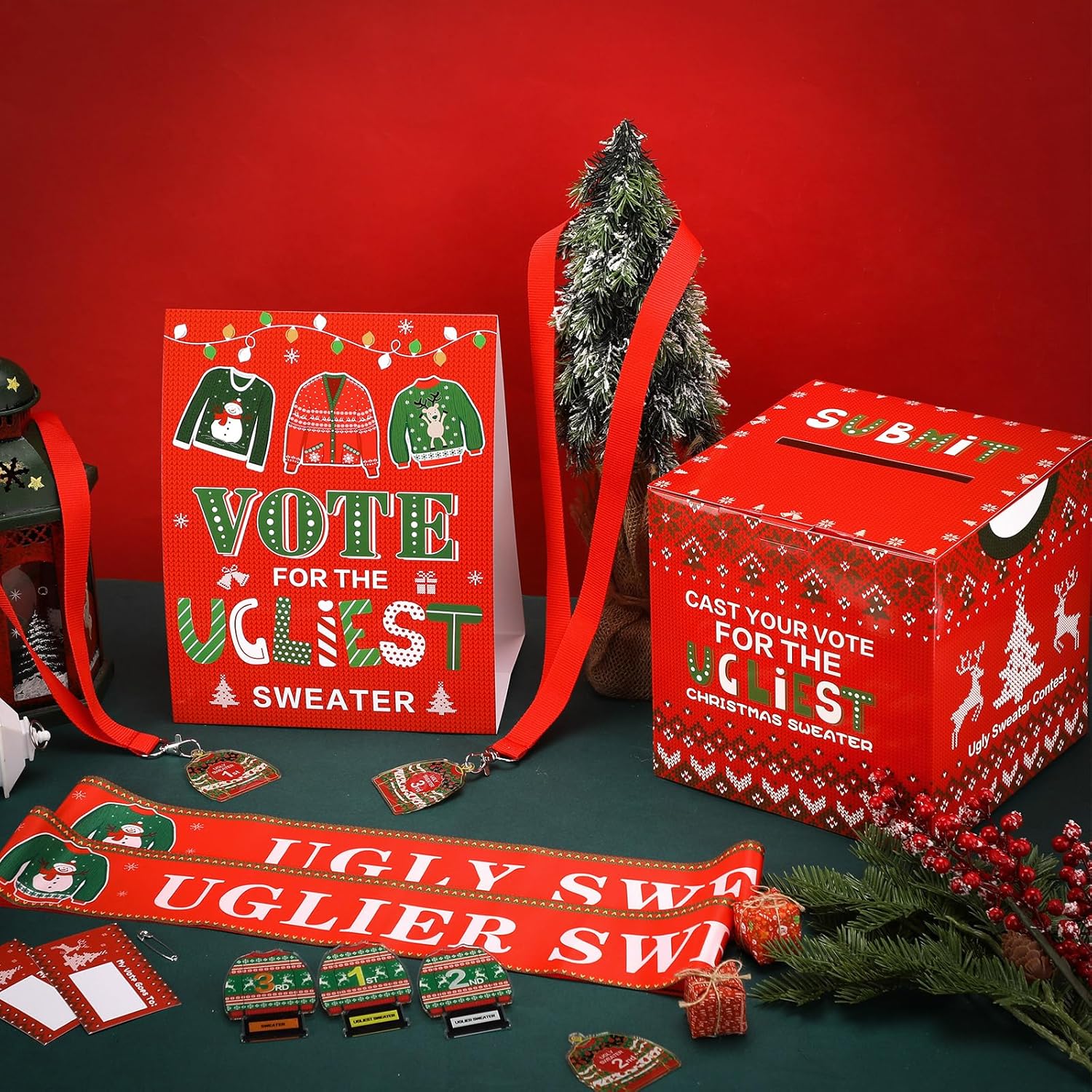 71 Pcs Christmas Ugly Sweater Game Sets With Contest Ballot Box, 60 Voting Cards, 3 Award Sashes, 1 Ugly Sweater Table Sign, 3 Prize Necklaces, 3 Award Badges For Party Game Supplies