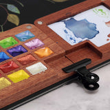Mini Wooden Travel Watercolor Palette Of 15 Metallic Colors - Professional Watercolor Paint Set For Plein Air Artists, Semi-Moist Pans, Pocket