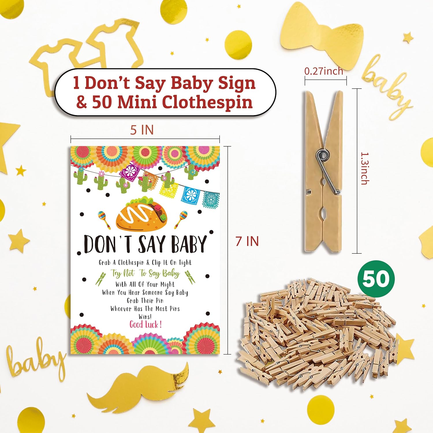 Don'T Say Baby Game For Baby Shower, 50 Wooden Clothespins And One Sign, Fiesta Taco Theme, Pins For Baby Shower Decorations, Gender Reveal Games, Baby Shower Supplies-Bb16