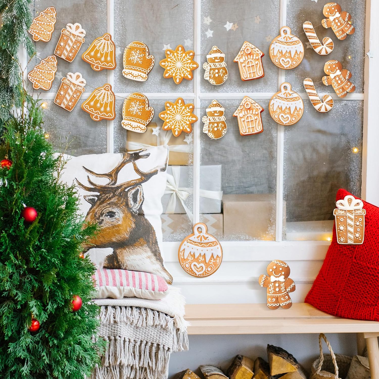 2 Pack Christmas Gingerbread Decorations Wooden Gingerbread Theme Garland Banner Hanging Tree Ornaments Christmas Bunting Banner For Party Holiday Wall Home Fireplace(Classic Style,Brown)