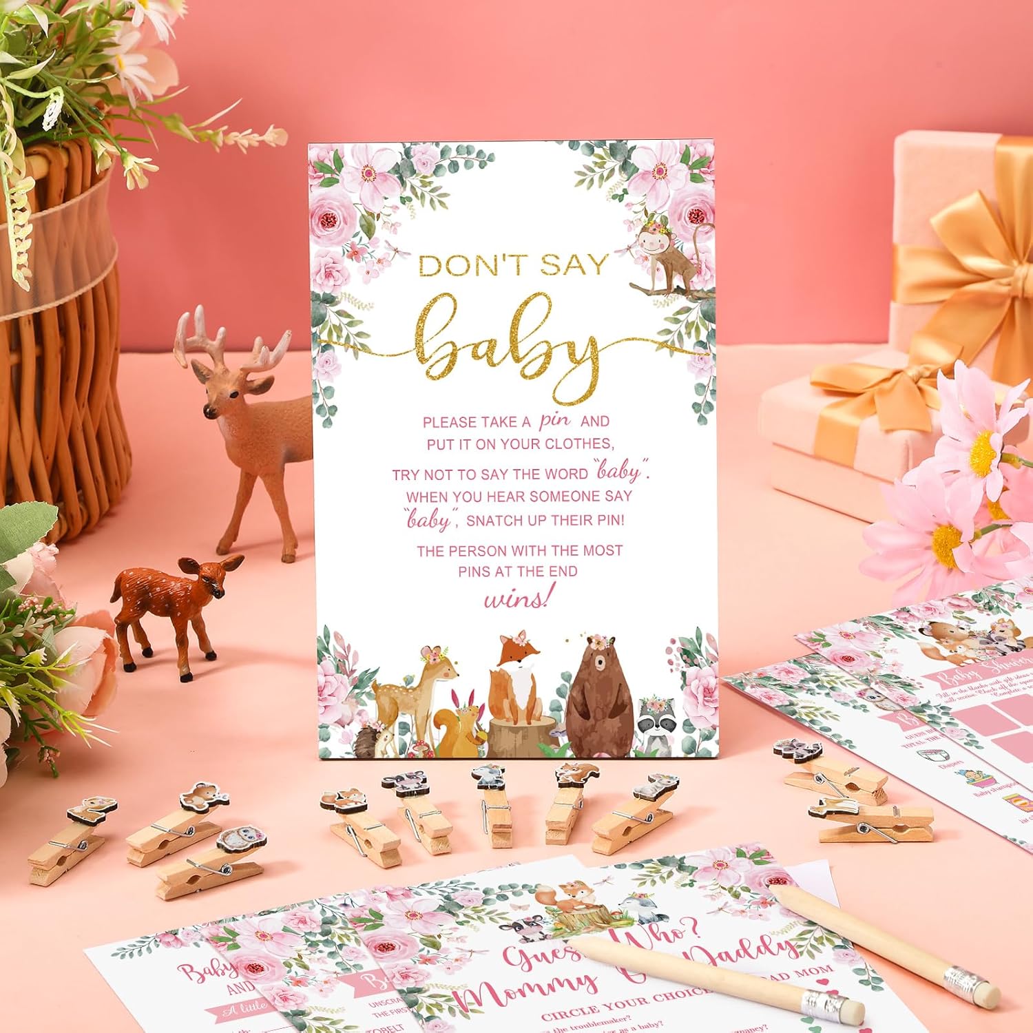 321 Pcs Woodland Animal Baby Shower Games Pink 5 Games Baby Shower Bingo Word Scramble Description And Well Wishes Price Is Right Guess Who Mom Or Daddy Don'T Say The Word Clothespin Pencil