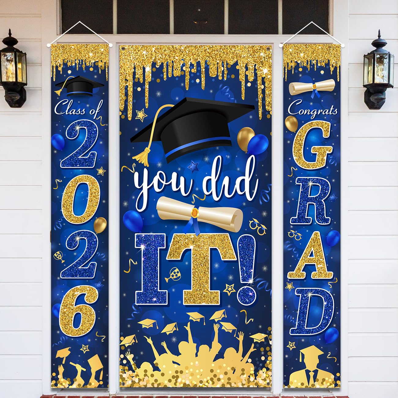 Blue and Gold Graduation Decorations Class of 2026 Congrats Grad Banner and You Did It Graduation Door Cover for High School College Grad Party Supplies(Blue)