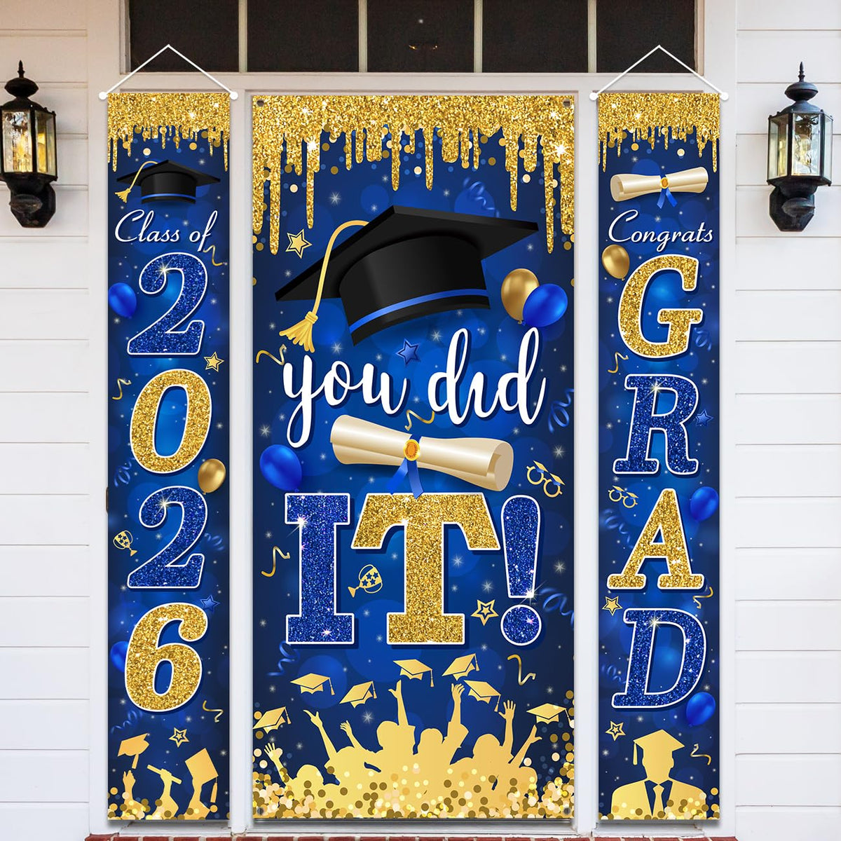 Blue and Gold Graduation Decorations Class of 2026 Congrats Grad Banner and You Did It Graduation Door Cover for High School College Grad Party Supplies(Blue)