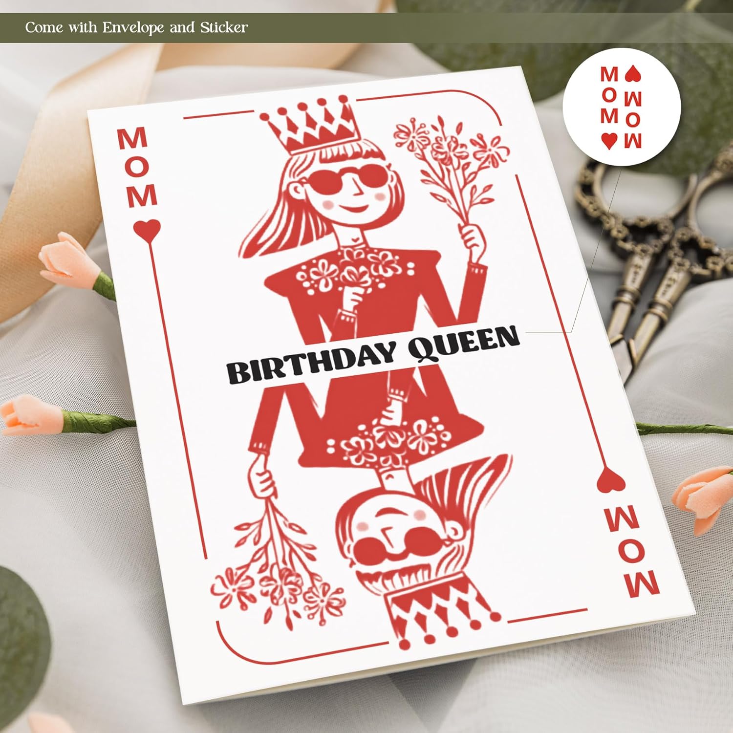 Mothers Birthday Day Greeting Cards Birthday Queen, Envelope And Sticker