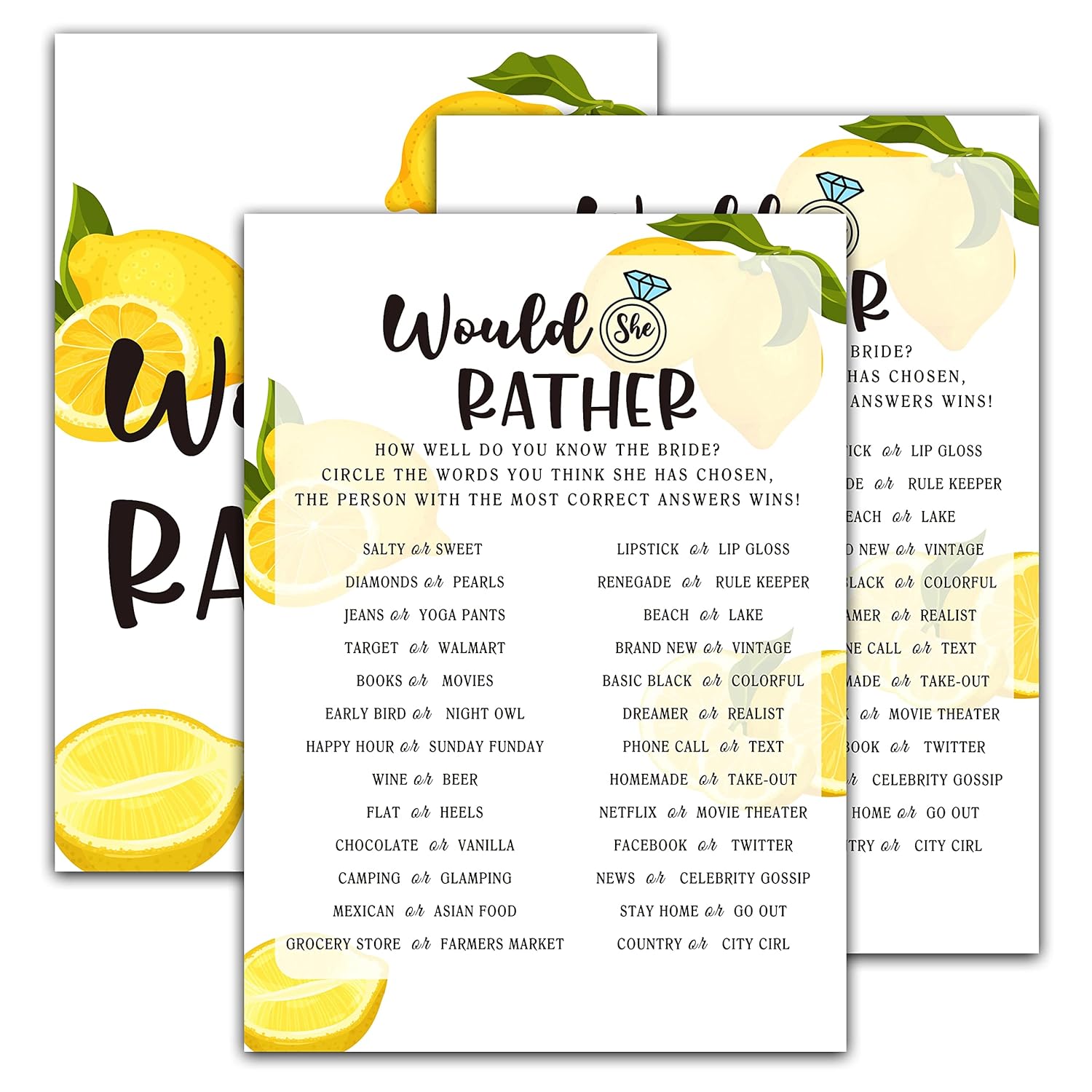 Bridal Shower Games - Lemon Theme Engagement Party Game Cards For Wedding, Bachelorette Party - Citrus Lemon Bridal Shower Decorations - Would She Rather - 30 Cards(A03)