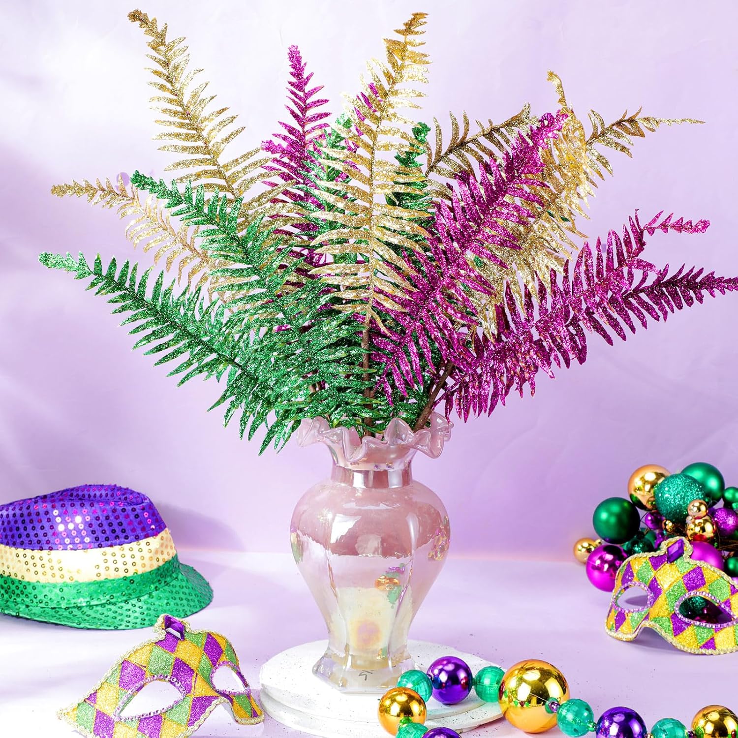 12 Pcs Mardi Gras Decoration Mardi Gras Picks Glitter Leaf Stems 17.7'' Purple Green Gold Ornaments Artificial Branch Stems Table Decor For Wreath Vase Fillers Holiday Carnival Party Decor