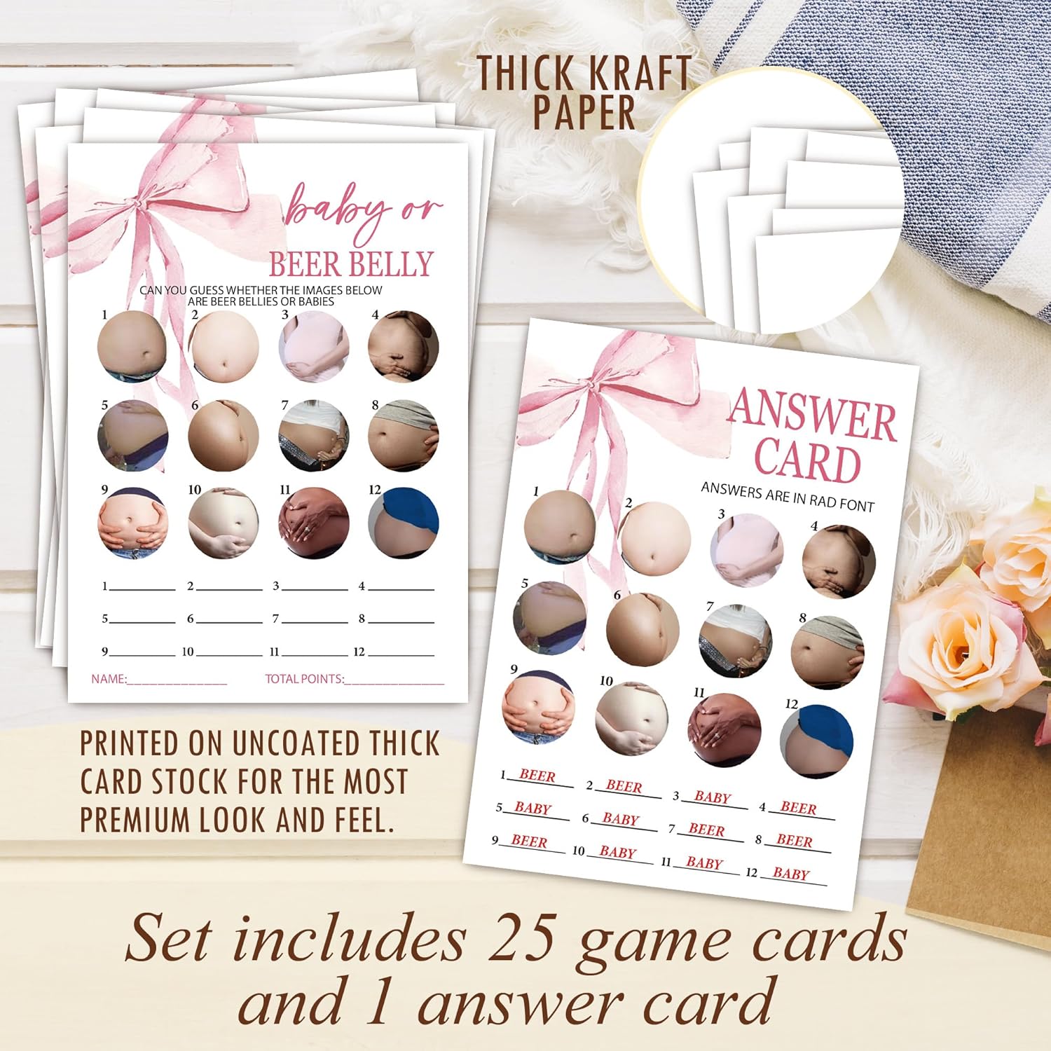 Pink Baby Shower Games For Girl, Beer Belly Game Cards, 25 Gender Neutral Cards With 1 Answer Card, Pink Bow Gender Reveal Party Supply Kit, Baby Shower Decorations(5''X7'')-A08