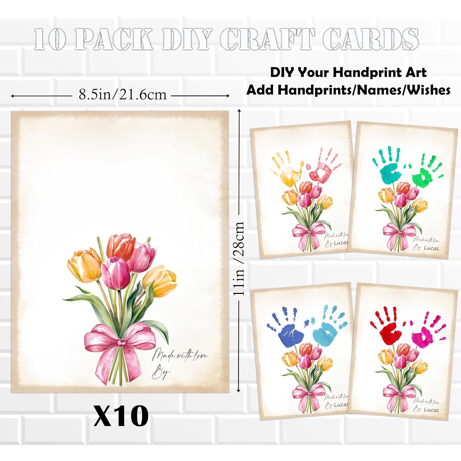 10 Pack Tulips Flower Bouquet Handprint Art, Diy Handprint Keepsake, Mothers Day Greeting Cards Bulk, Mothers Day Crafts For Family, Gifts For Mom & Grandma Birthday