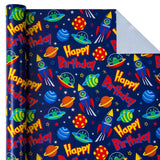 Space Birthday Wrapping Paper Roll - Mini Roll - 17 Inch X 33 Feet - Rocket And Happy Birthday Design, Perfect For Kids Girls Boys Bday, Space Lovers