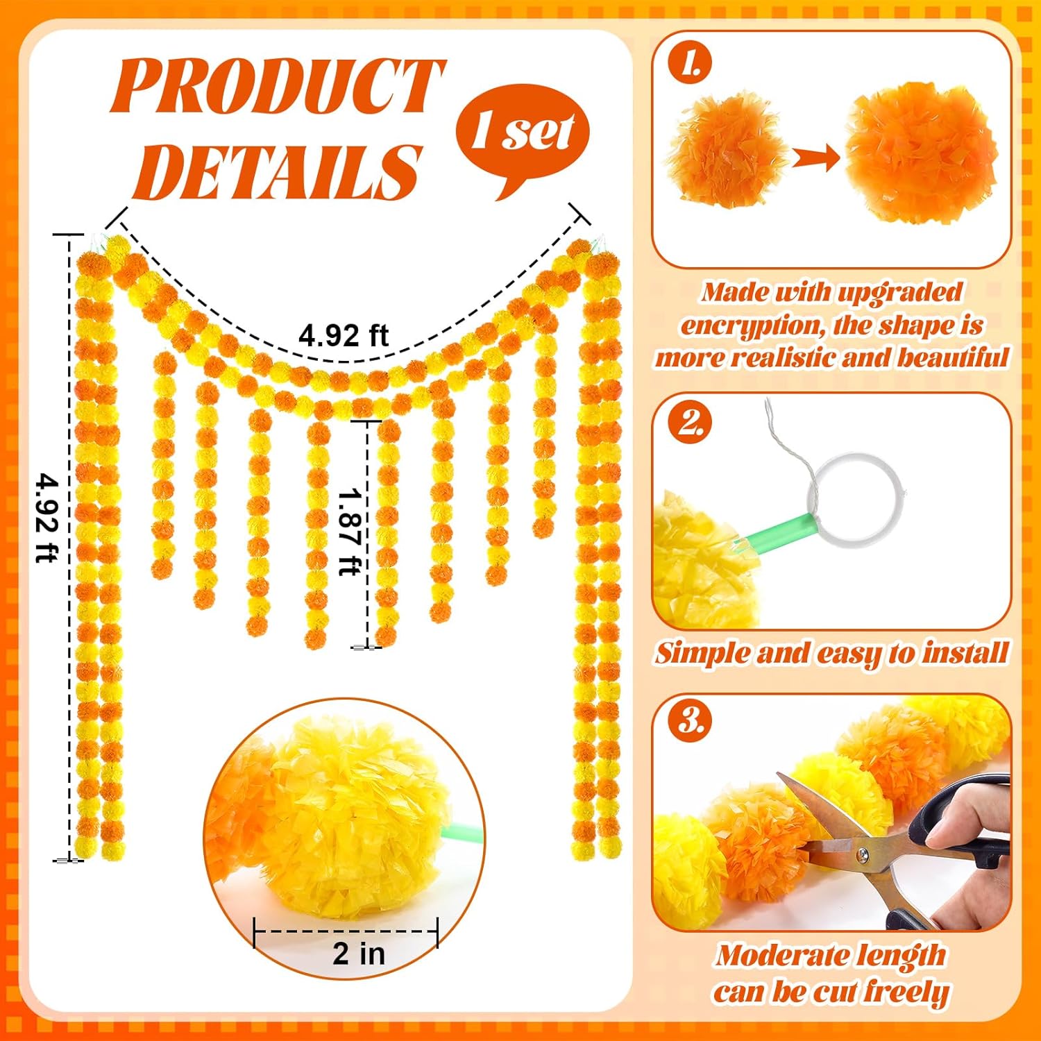 1 Set Artificial Marigold Flower Strands Tassel Garland For Diwali 5 Feet Long Strands, Garland Diwali Decorations For Home, Christmas Indian Day Of The Dead Wedding Decor (Beaded Style)