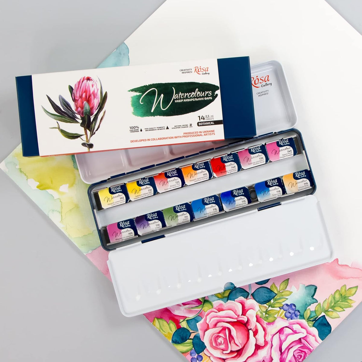 Watercolor Paint Set Botanical Unique Palette, Full Pans 2.5Ml, Metal Case, Extra Fine Professional Watercolours (14 Full Pans)