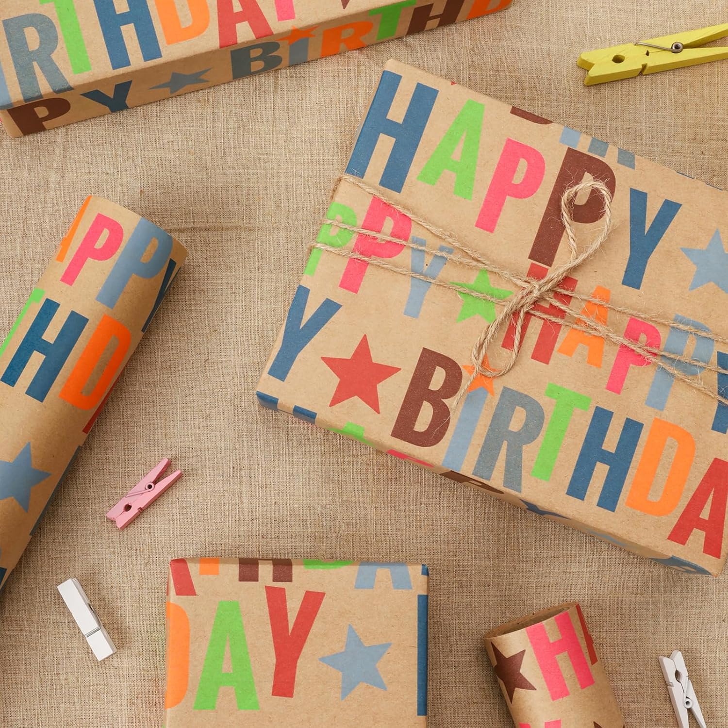 Birthday Wrapping Paper Roll For Kids, 17 Inch X 16.5 Feet Kraft Gift Wrap Paper With Colorful Text Happy Birthday Pattern For Boys Holiday Party