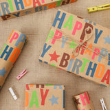 Birthday Wrapping Paper Roll For Kids, 17 Inch X 16.5 Feet Kraft Gift Wrap Paper With Colorful Text Happy Birthday Pattern For Boys Holiday Party
