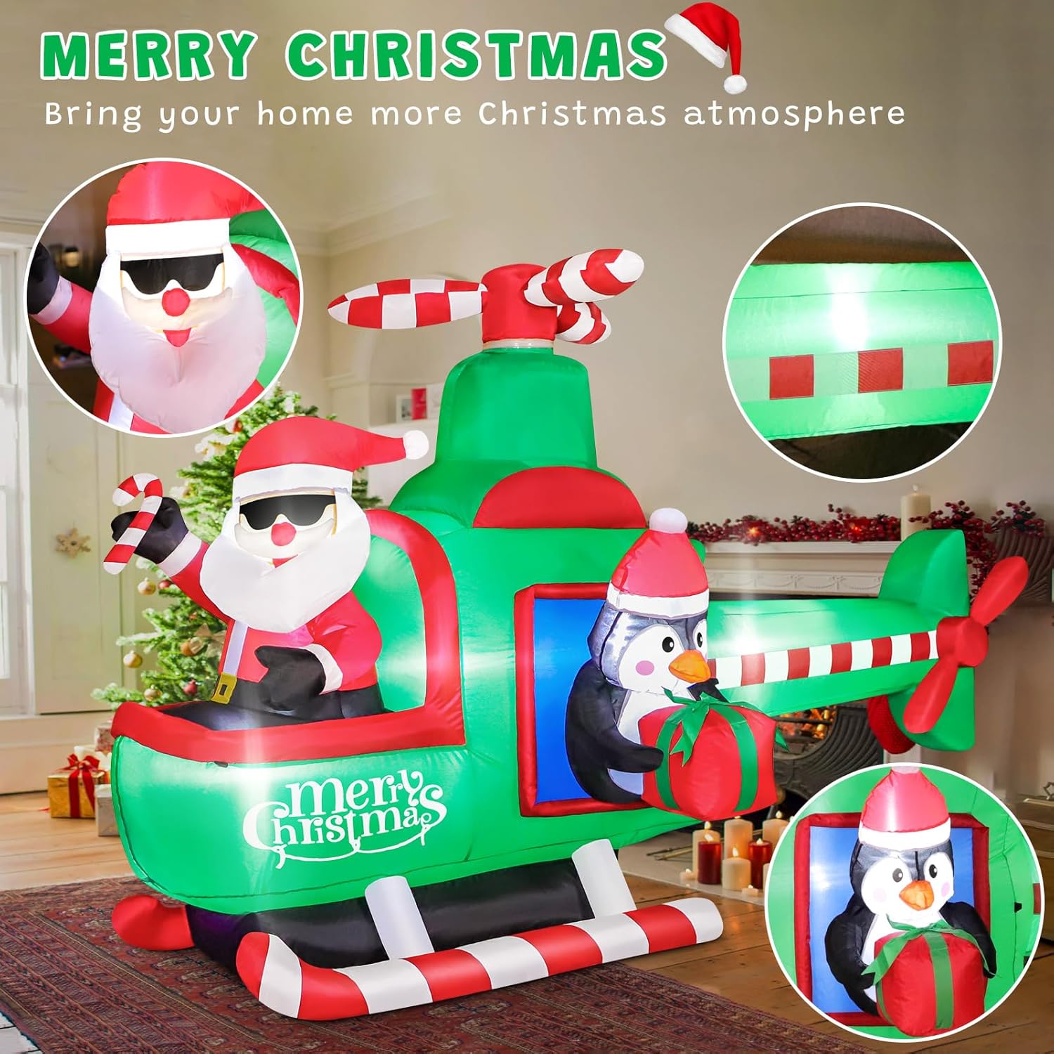 6.5Ft Inflatable Christmas Santa Claus On Helicopter Outdoor Decorations, Xmas Blow Up With Built-In Led Lights, Cute Sa