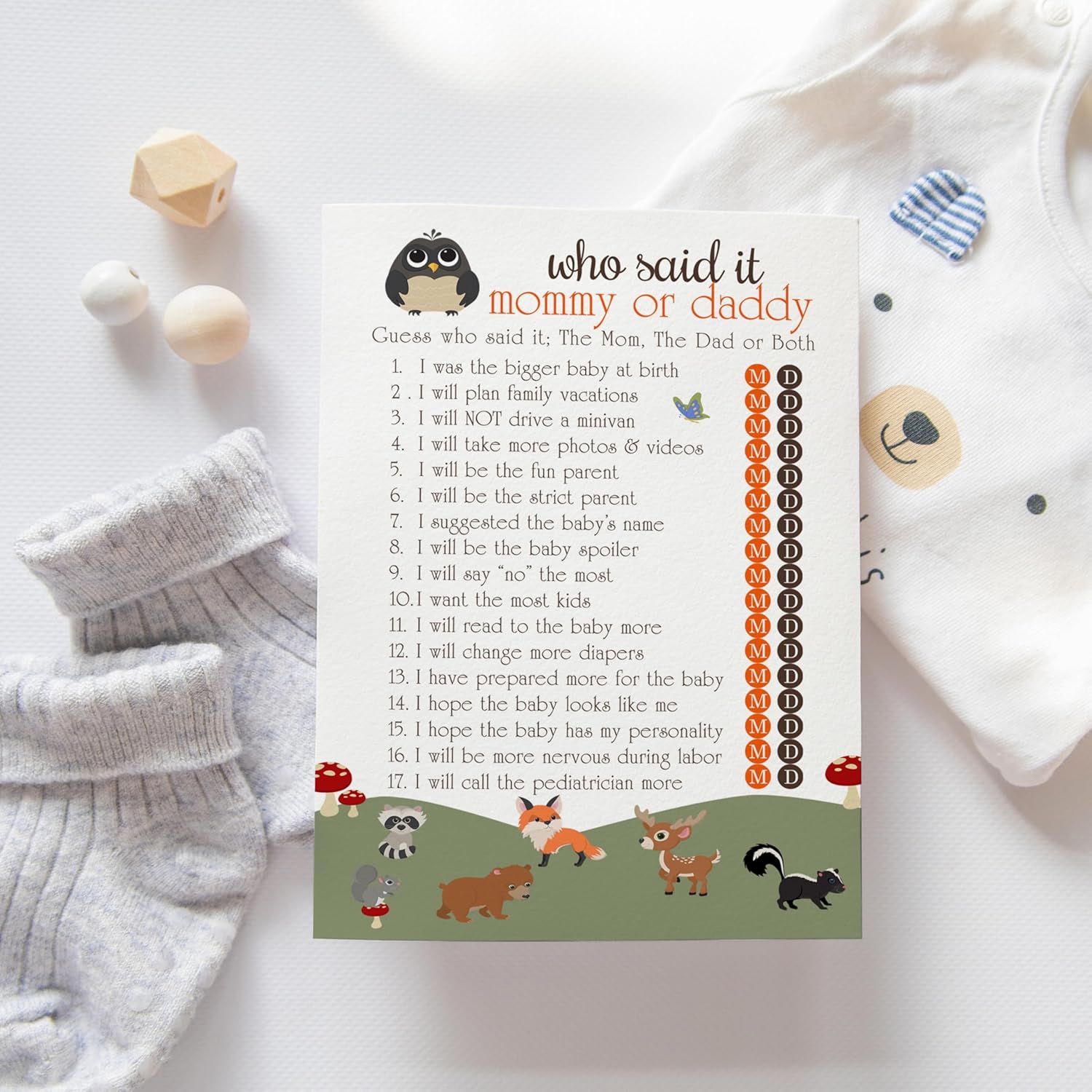 Woodland Mommy Or Daddy Baby Shower Game - 25 Pack - Guess Who Activity Cards - Cute Rustic Gender Reveal Themes For Boys Or Girls - Printed 5X7 Set