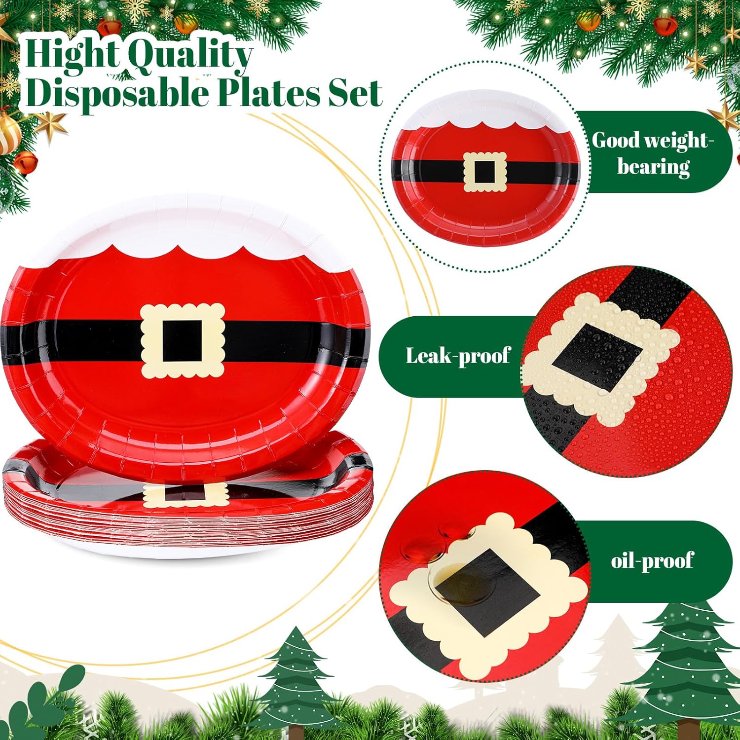 52 Pcs Santa Belt Christmas Oval Paper Plates Platters 10" X 12.5" Large Disposable Platters Santa Christmas Plates Red And Green Dinnerware Set Xmas Dinner Plates Table Decorations