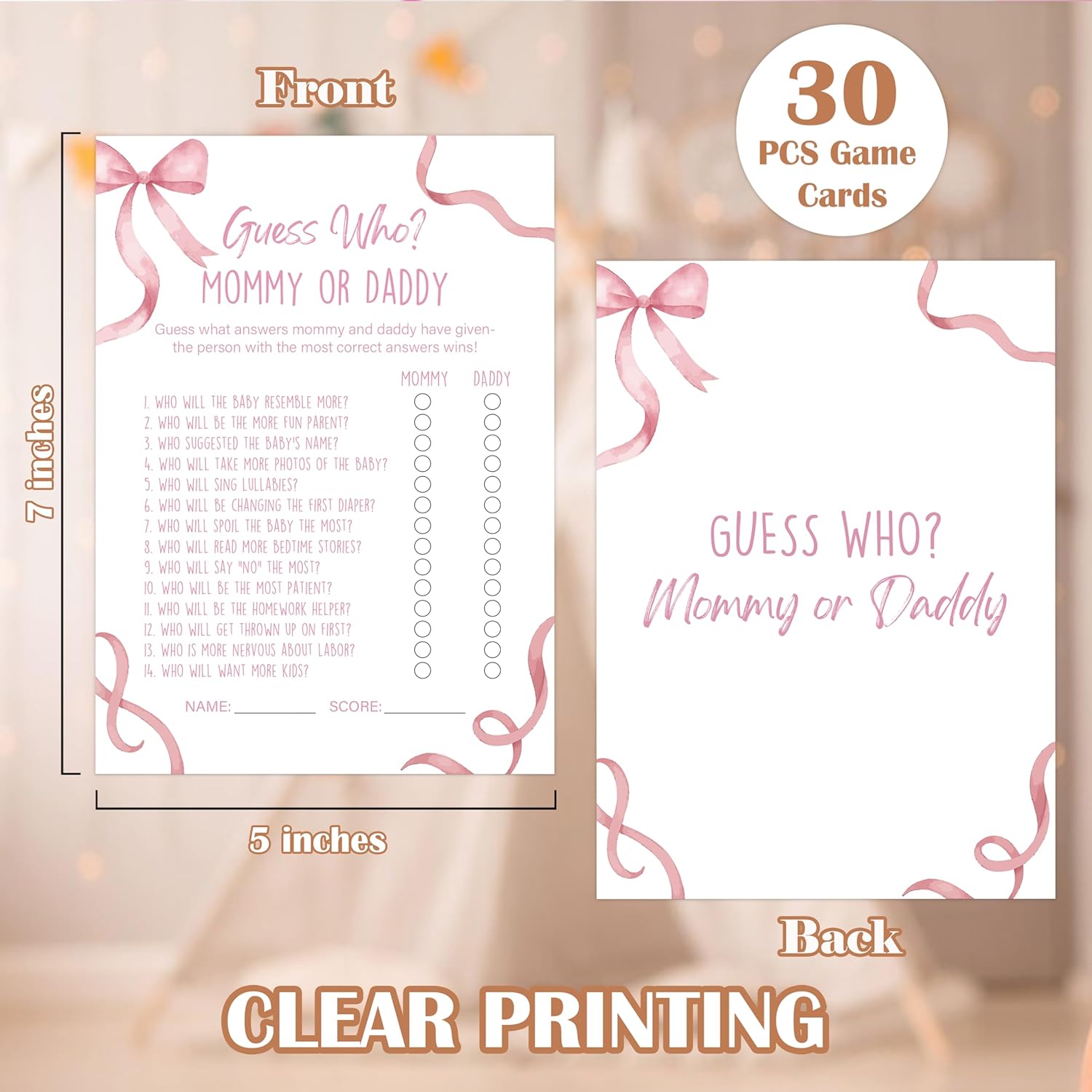 Pink Bow Baby Shower Games, Pink Guess Who Mommy Or Daddy Game For 30 Guests With Game Cards, Gender Reveal, Baby Shower Supplies & Decorations (Dv01)