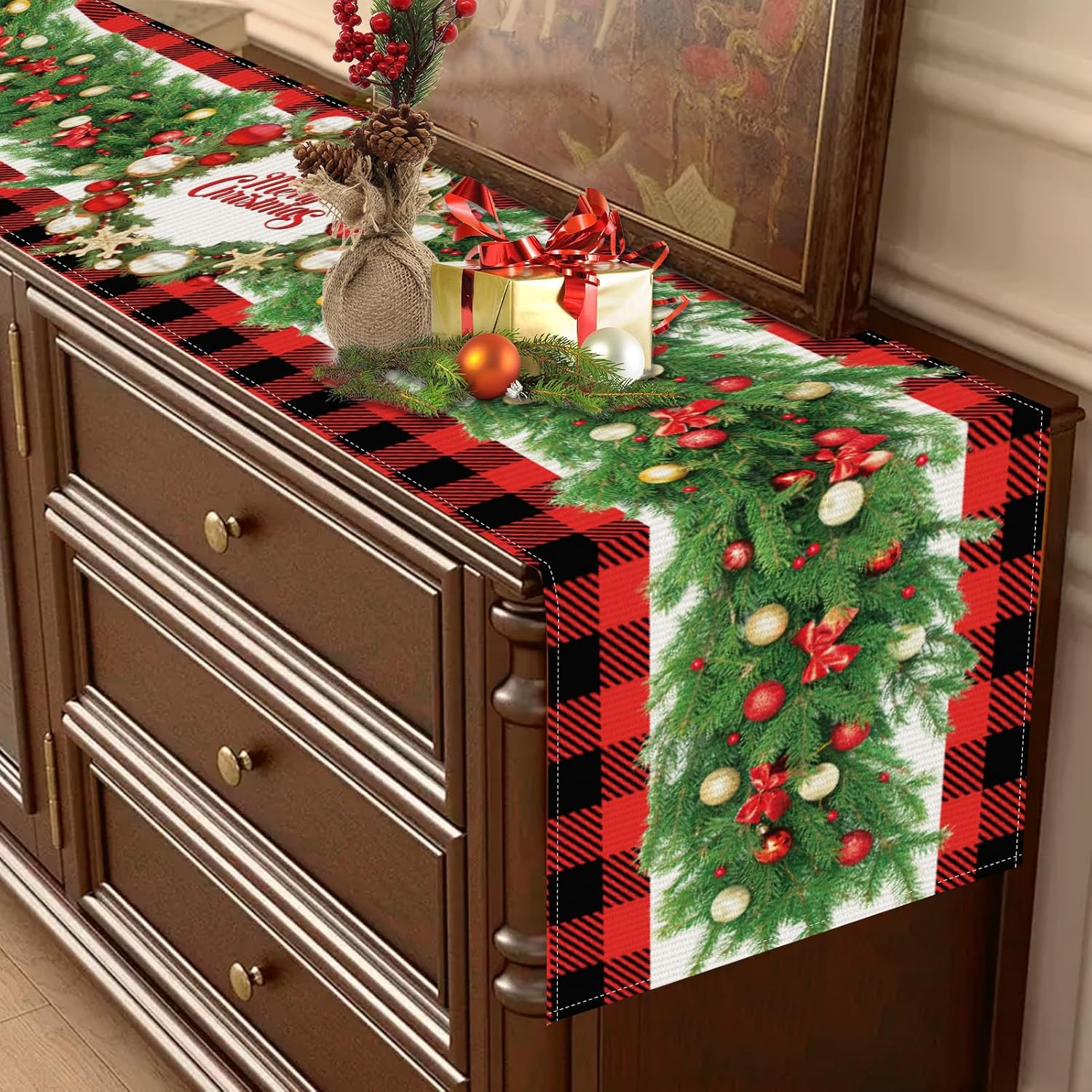 Red And Black Buffalo Plaid Table Runner, Seasonal Winter Christmas Holiday Kitchen Dining Table Decorations And Supplies For Home Dining Room Party Decor (Christmas Garland -01, 13X72 Inches)