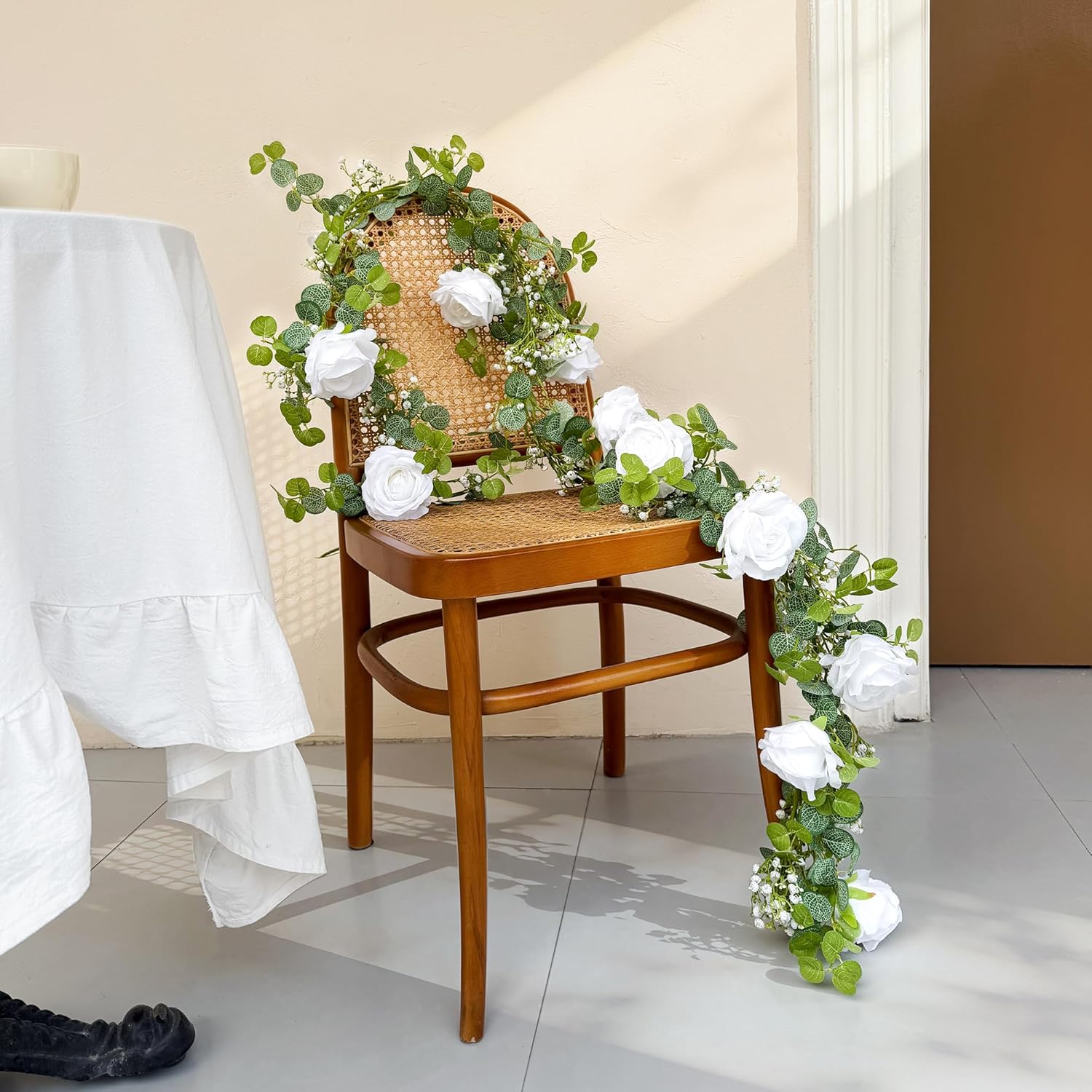 6Ft Artificial Eucalyptus Garland With Flowers, Fake Flower Rose Gypsophila, Faux Floral Greenery Garland For Wedding Spring Home Party Craft Art Table Runner Decor