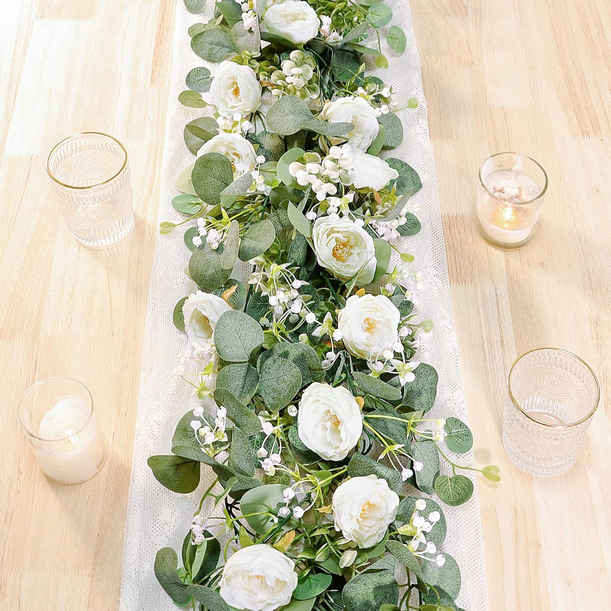 2 Pack 13Ft Artificial Eucalyptus Flower Garland With White Roses, Fake Rose Flower Greenery Garland Floral Vines For Wedding Home Party Table Runner Decor (2Pcs, White)