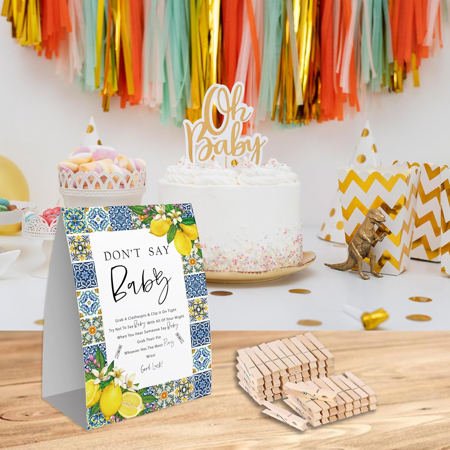 Don'T Say Baby Game For Baby Shower, 50 Wooden Clothespins And One Sign, Positano Blue Tiles Lemon Mediterranean Theme, Pins For Baby Shower Decorations, Gender Reveal Games Baby Shower Supplies-Bb32