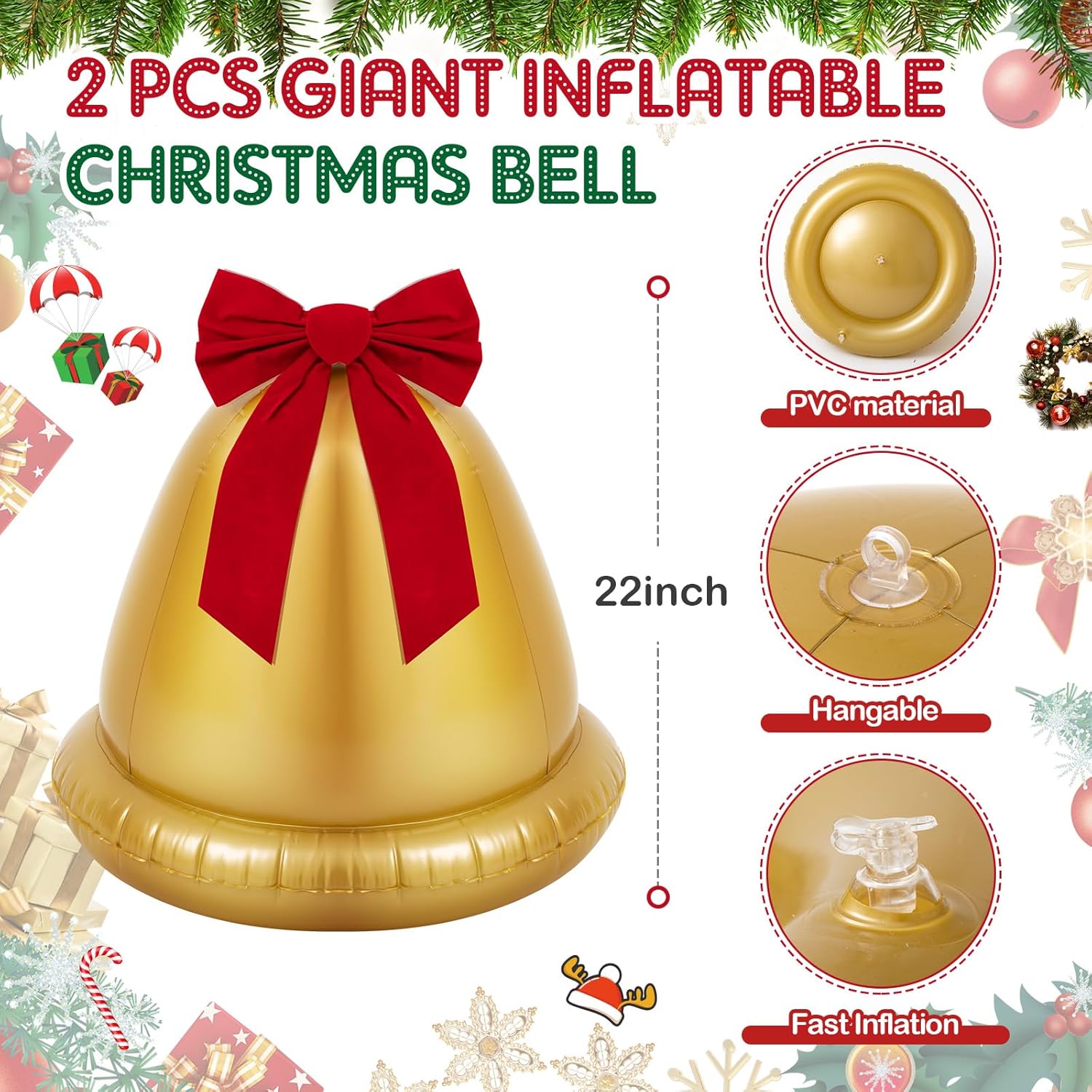 2 Pcs Giant Inflatable Christmas Balls With Bows - 22 Inch Outdoor Jingle Bells Pvc Xmas Ornaments For Garden Yard Patio