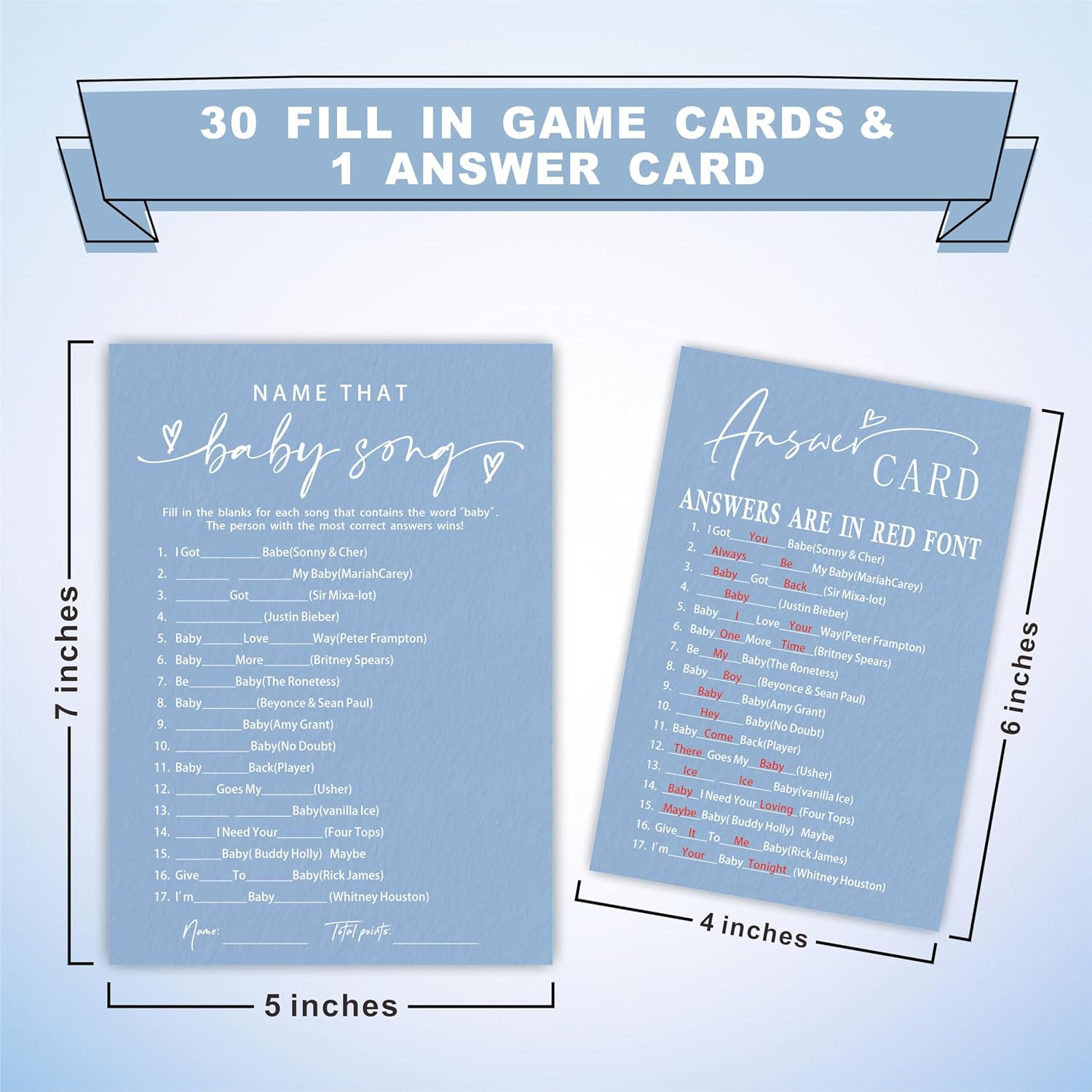 Name That Babysong Game Set - Minimalism Blue - 30 Double-Sided Fill In Style Game Cards With Answer Cards, Gender Reveal, Party Favor & Supplies - A05