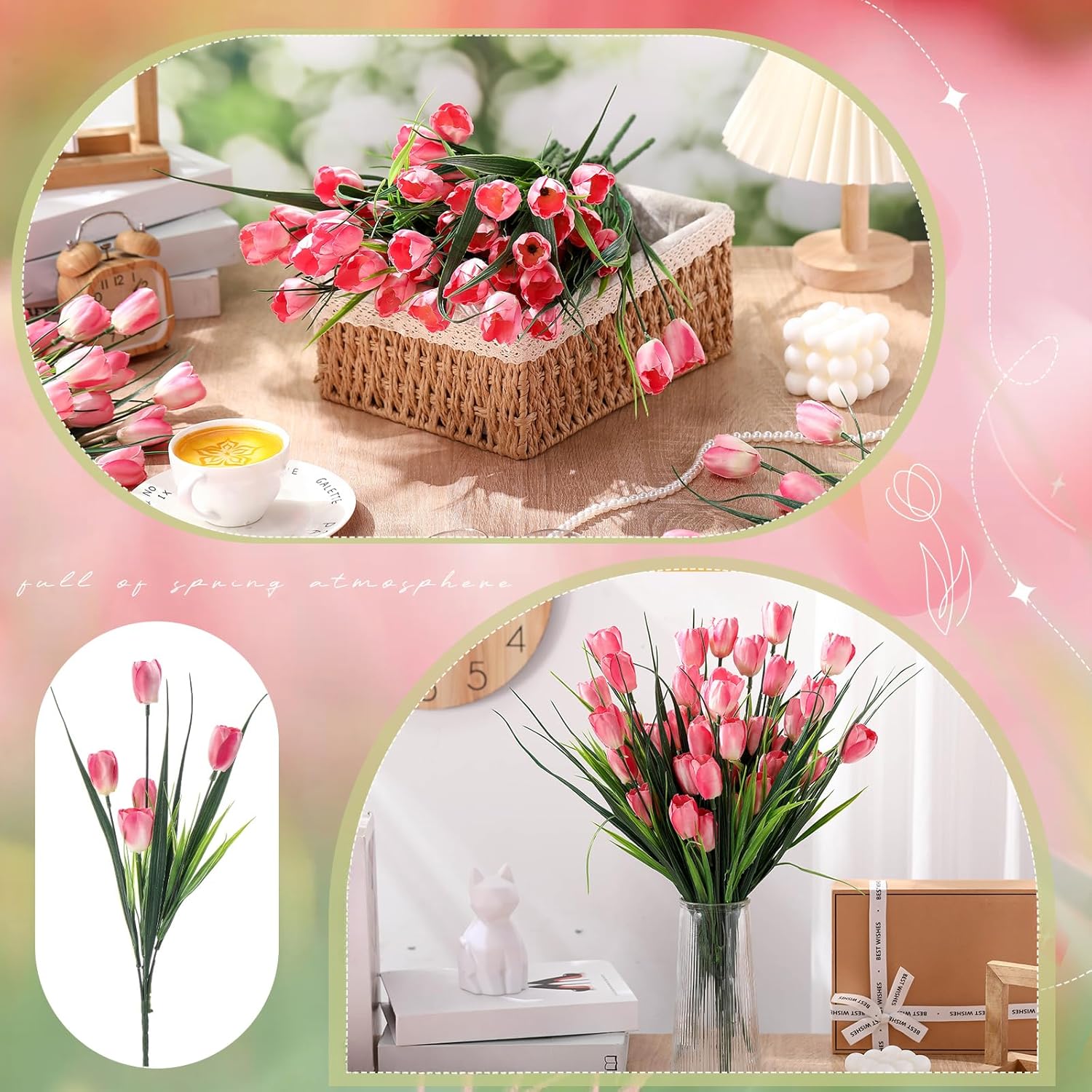 100 Pcs Artificial Tulips Fake Flowers For Outdoor Faux Plastic Spring Flowers For Home Garden Indoor Kitchen Office Wedding Valentines Easter Decor(Pink)