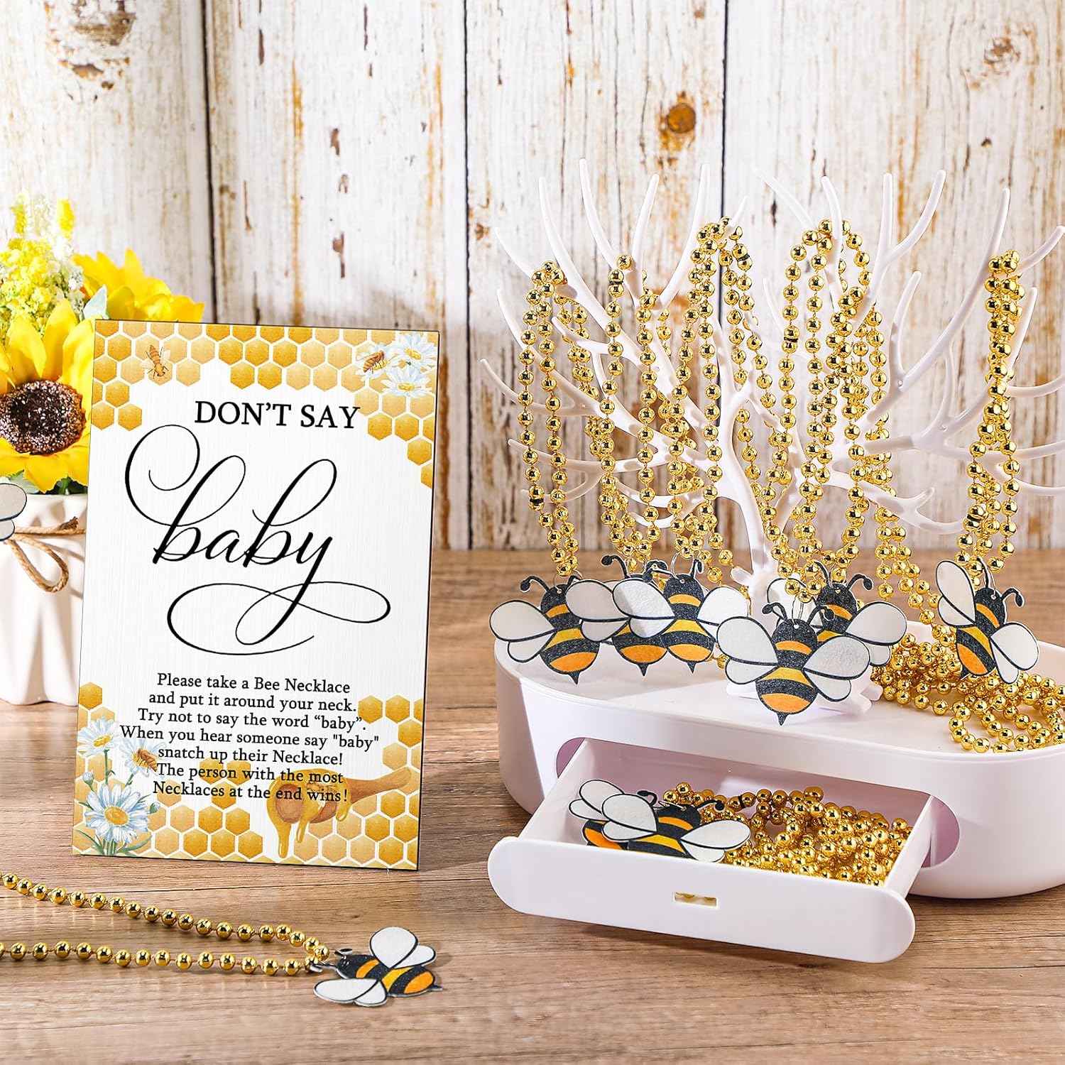 51 Pcs Don'T Say Baby Shower Game Bee Baby Game Sign Wooden Baby Shower Table Decor 50 Bee Felt Necklaces Bee Shape Necklaces For Baby Shower Winner Prizes Gender Reveal Party Favors