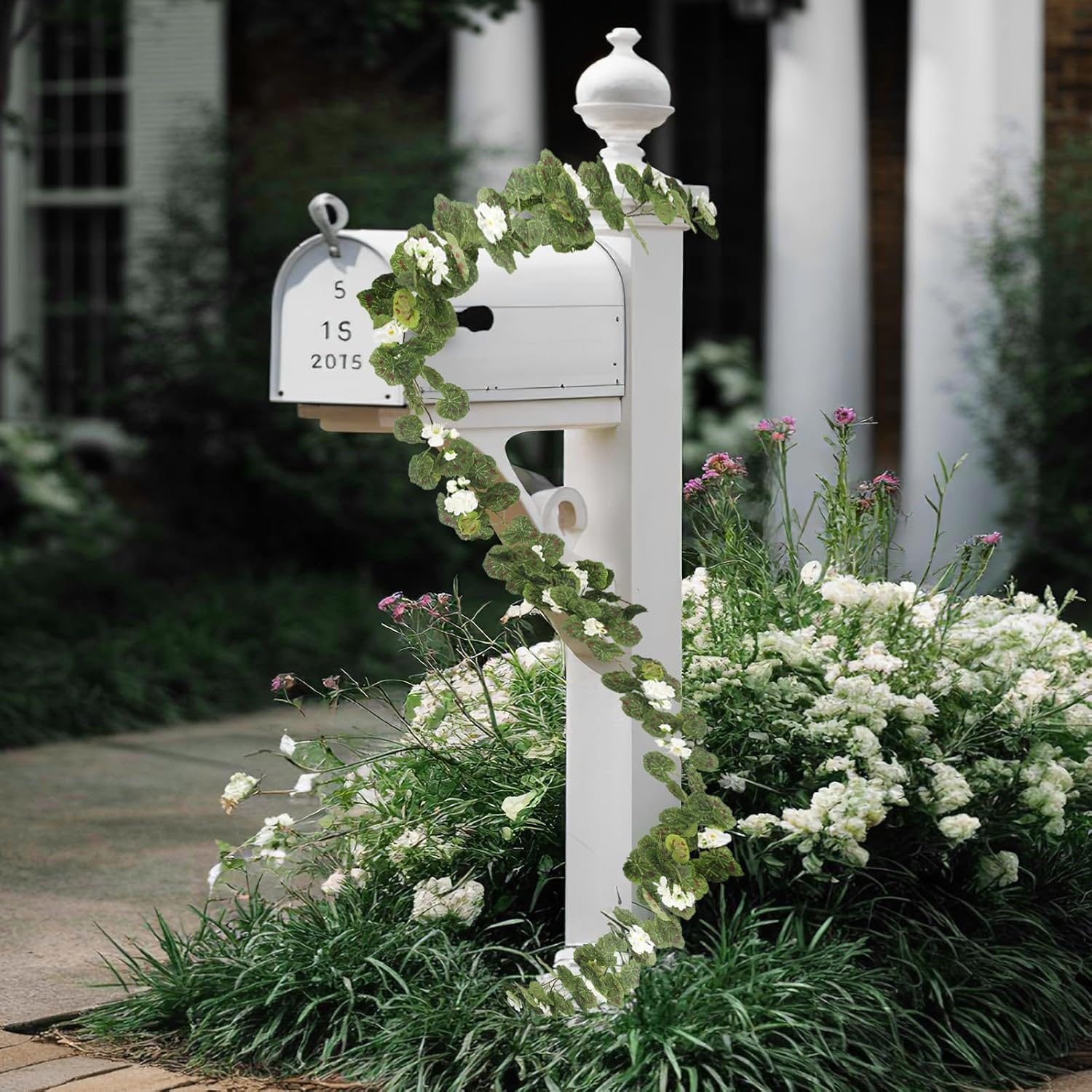 2 Pcs Spring Summer Flower Garland Geranium Artificial Garland Outdoors White Geranium Artificial Flowers Uv Resistant Hanging Basket Floral Garland For Porch Farmhouse Centerpiece Decor
