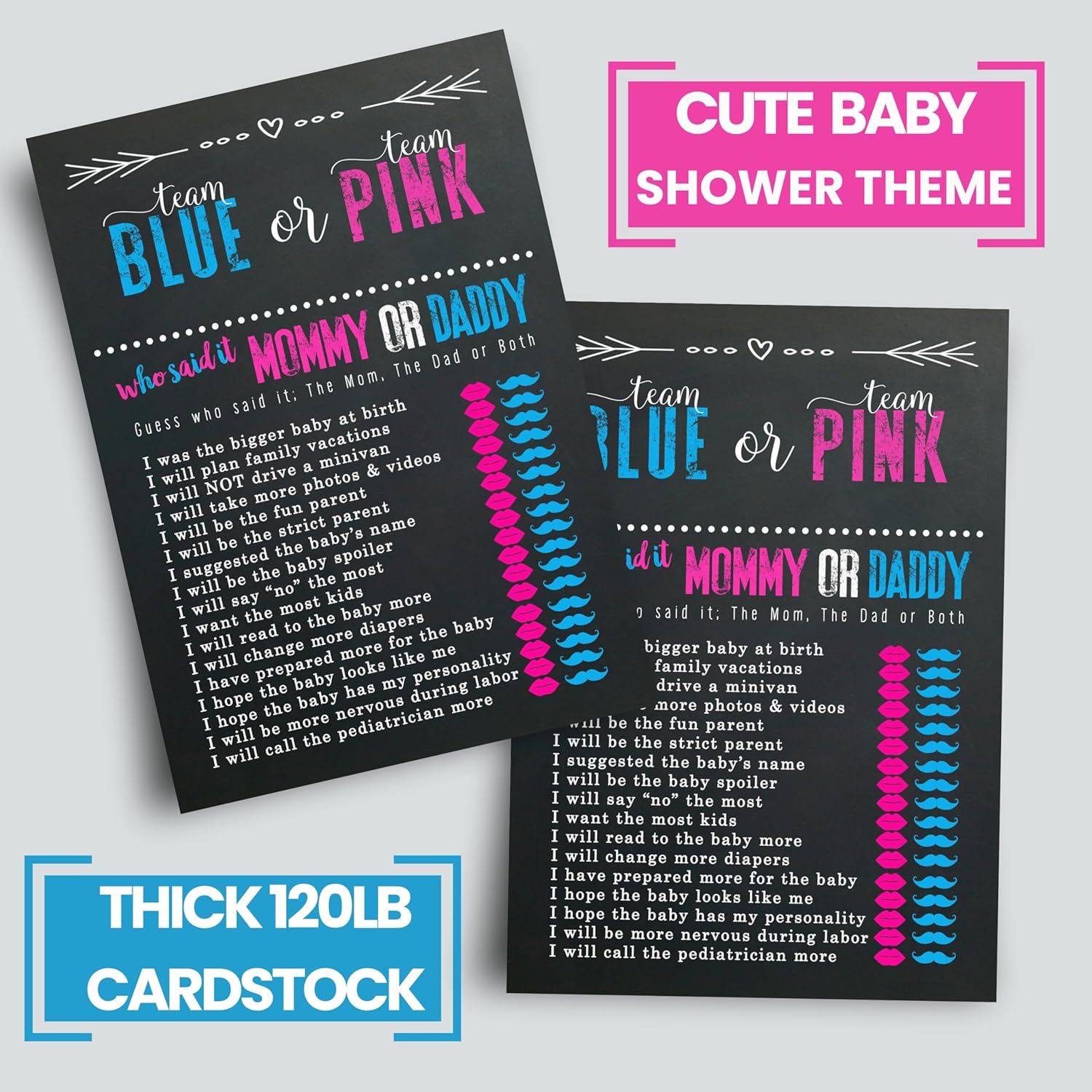 Gender Reveal Games - Guess Who Mommy Or Daddy Game Cards - 25 Pack - Fun Baby Shower Activities For Guests - Neutral Pink And Blue Theme