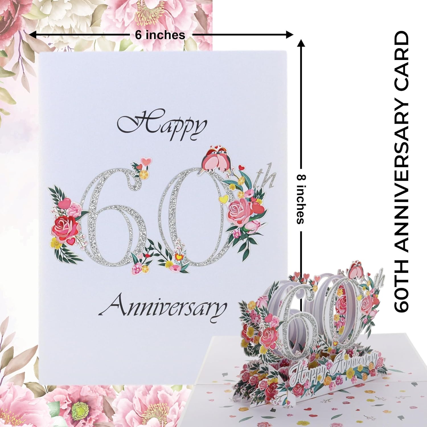 60Th Wedding Anniversary Pop Up Card – Diamond Jubilee 3D Greeting With Roses & Lovebirds – Luxury Keepsake For Parents, Grandparents, Couples, Enduring Love Gift – 6 X 8 Inches