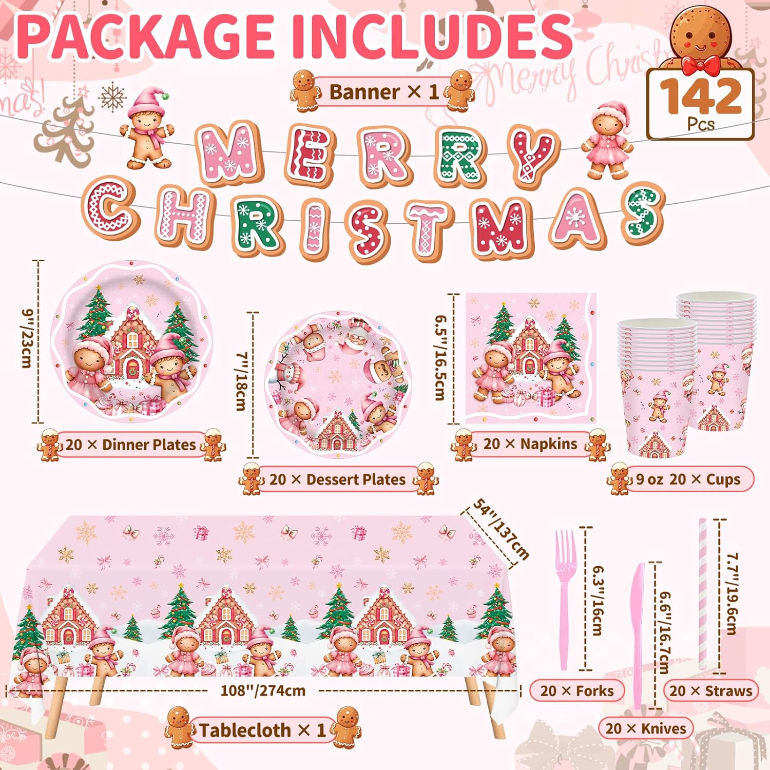 142 Pcs Pink Christmas Gingerbread Party Decorations Merry Christmas Cookie House Gingerbread Man Party Supplies Candy Tree Paper Plates And Napkins Banner Tablecloth For Xmas Birthday Gender Reveal