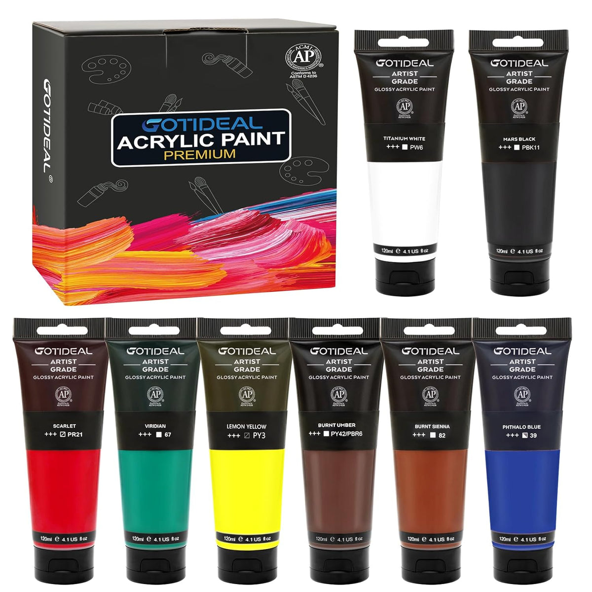 Craft Acrylic Paint Set,8 Primary Colors?(120Ml,4 Oz) Rich Pigments Non-Toxic Washable, Professional Paint For Pouring On Canvas, Rocks, Ceramic, Fabric, Leather, Ideal For Artist, Adults